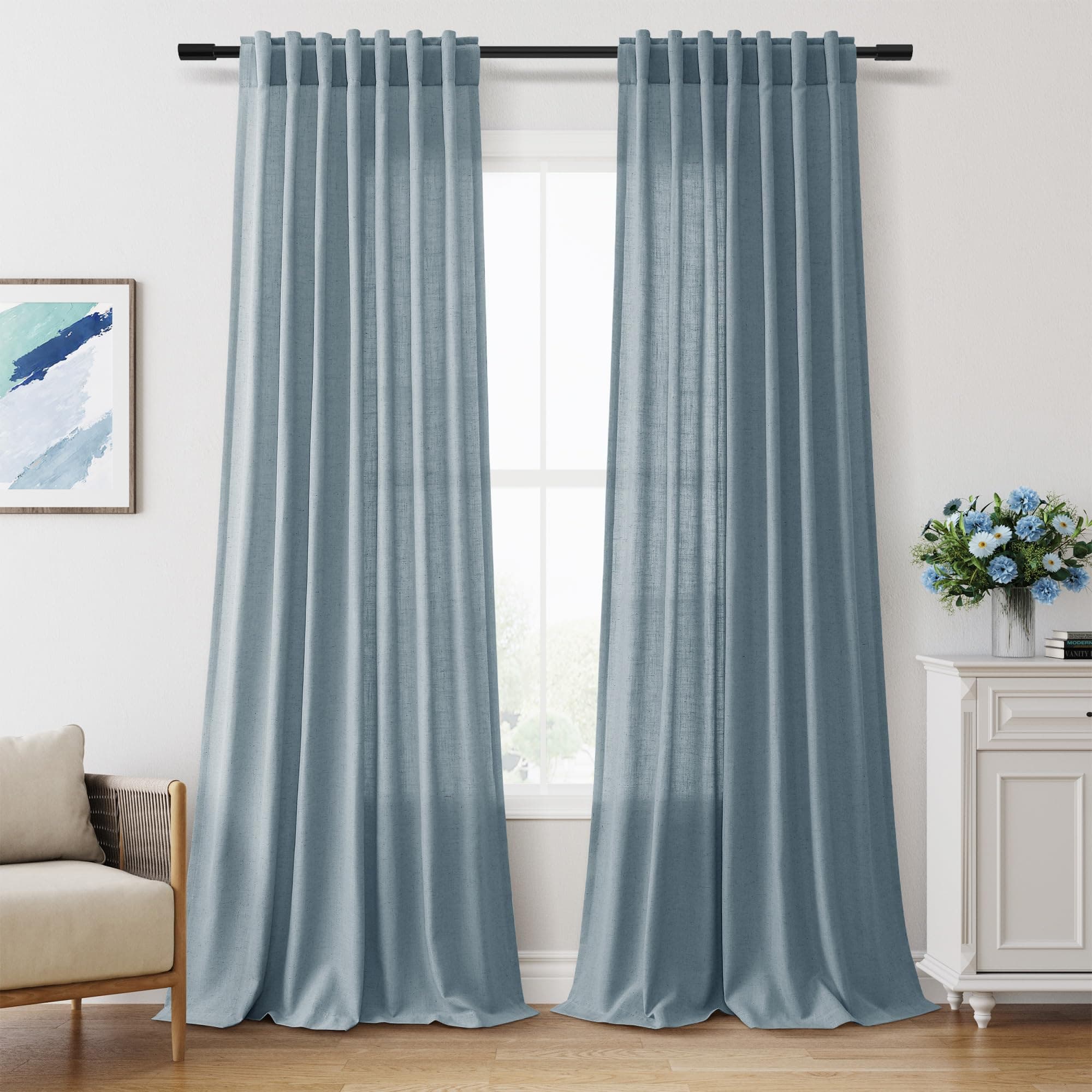 Aersas 102 Inch Light Blue Linen Curtains for Kids Room Bedroom Semi Sheer Privacy Flax Textured Pleated Drapes Light Filtering Living Room Sliding Glass Door Curtain Modern Casual Decorations 52x102