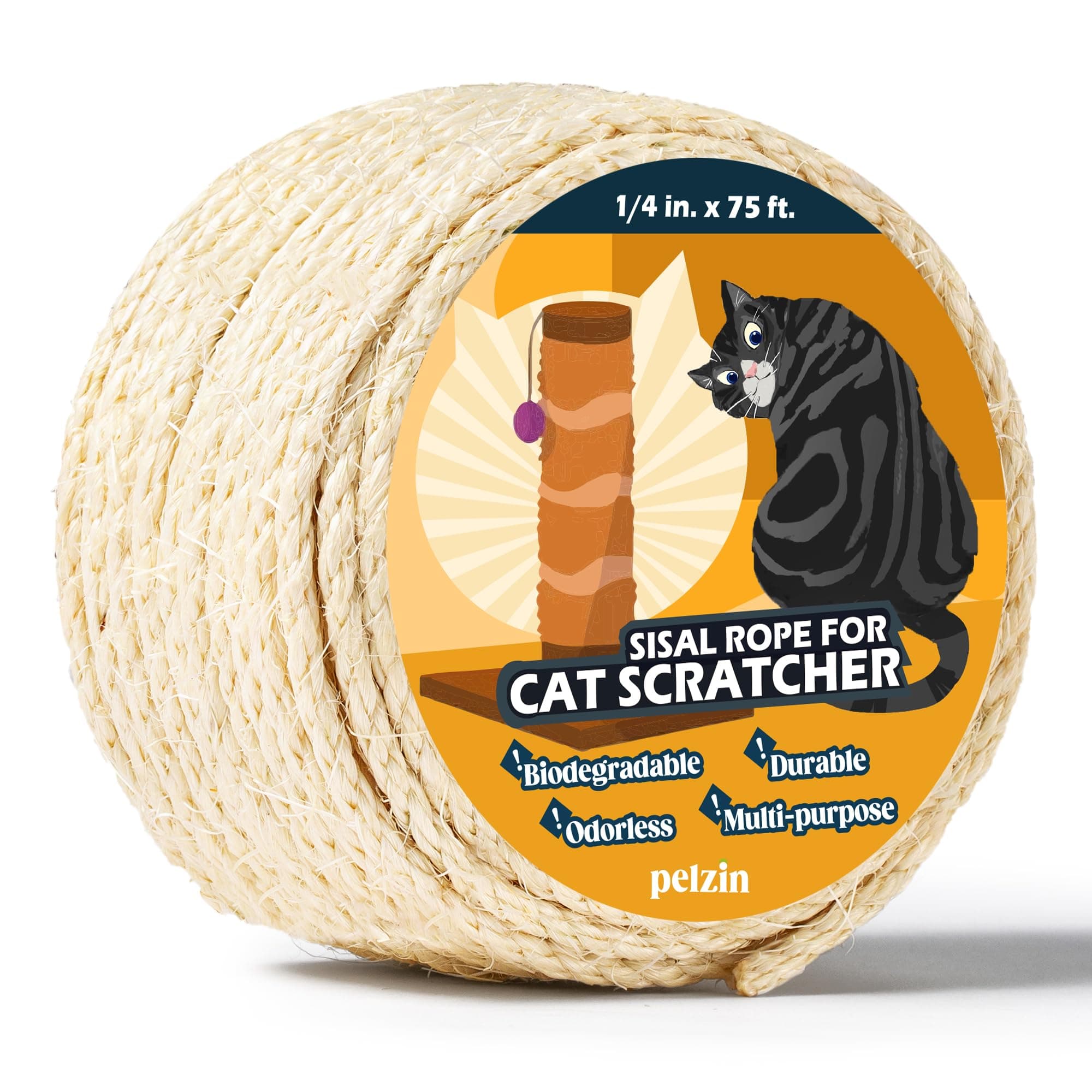 Pelzin Natural Sisal Rope for Cat Scratcher 1/4 Inch by 75 Feet, Cat Tree Rope Twine for Cat Scratching Post Replacement, Cat Tower with Scratch Post Repairing, Replace, Recovering and DIY, Natural