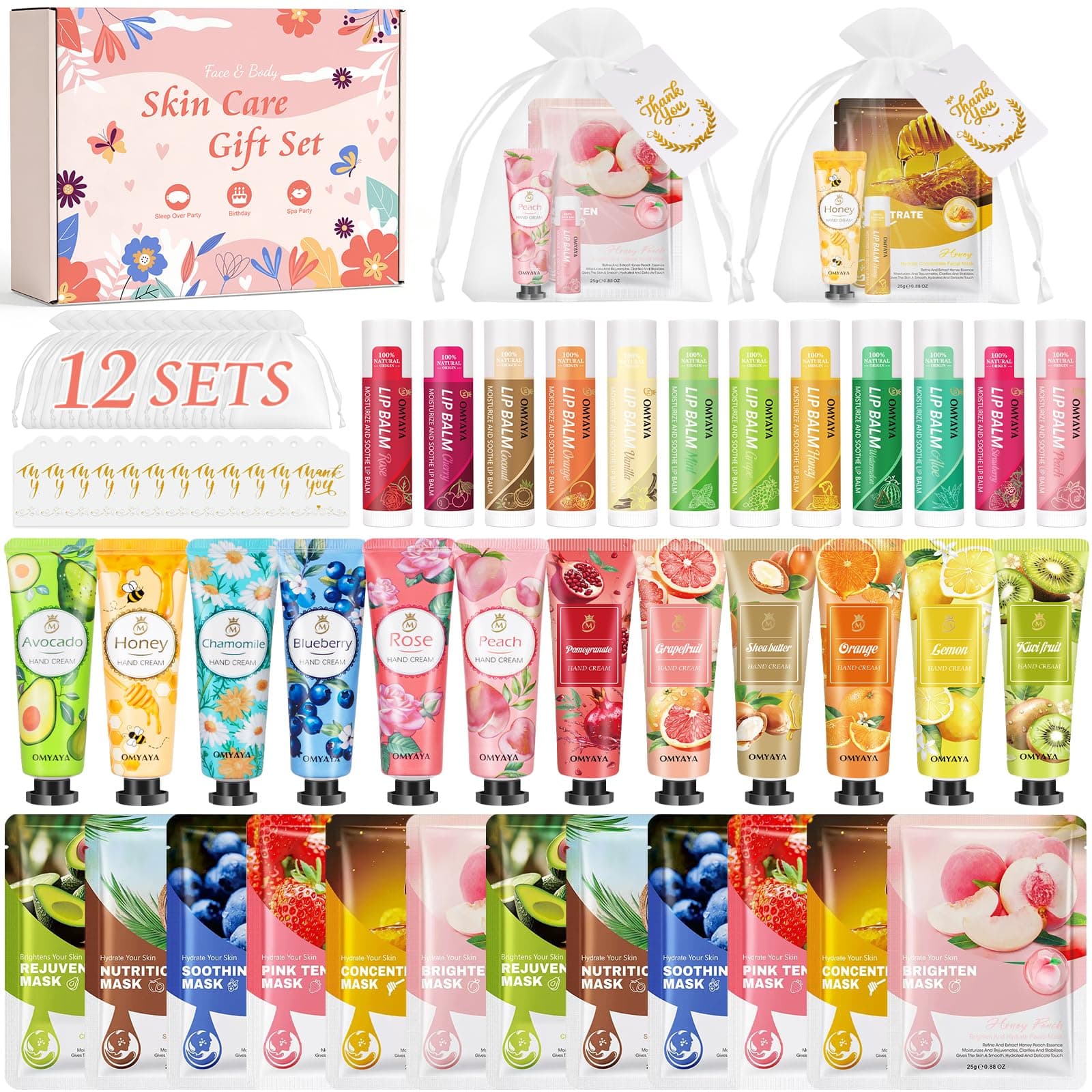 12 Sets Bulk Gifts for Women, Face Masks Skincare Hand Cream Lip Balm Spa Set with Thank You Card Organza Bag for Bridal Wedding Birthday Party Favors Nurse Teacher Appreciation Gifts Mothers Day Gift