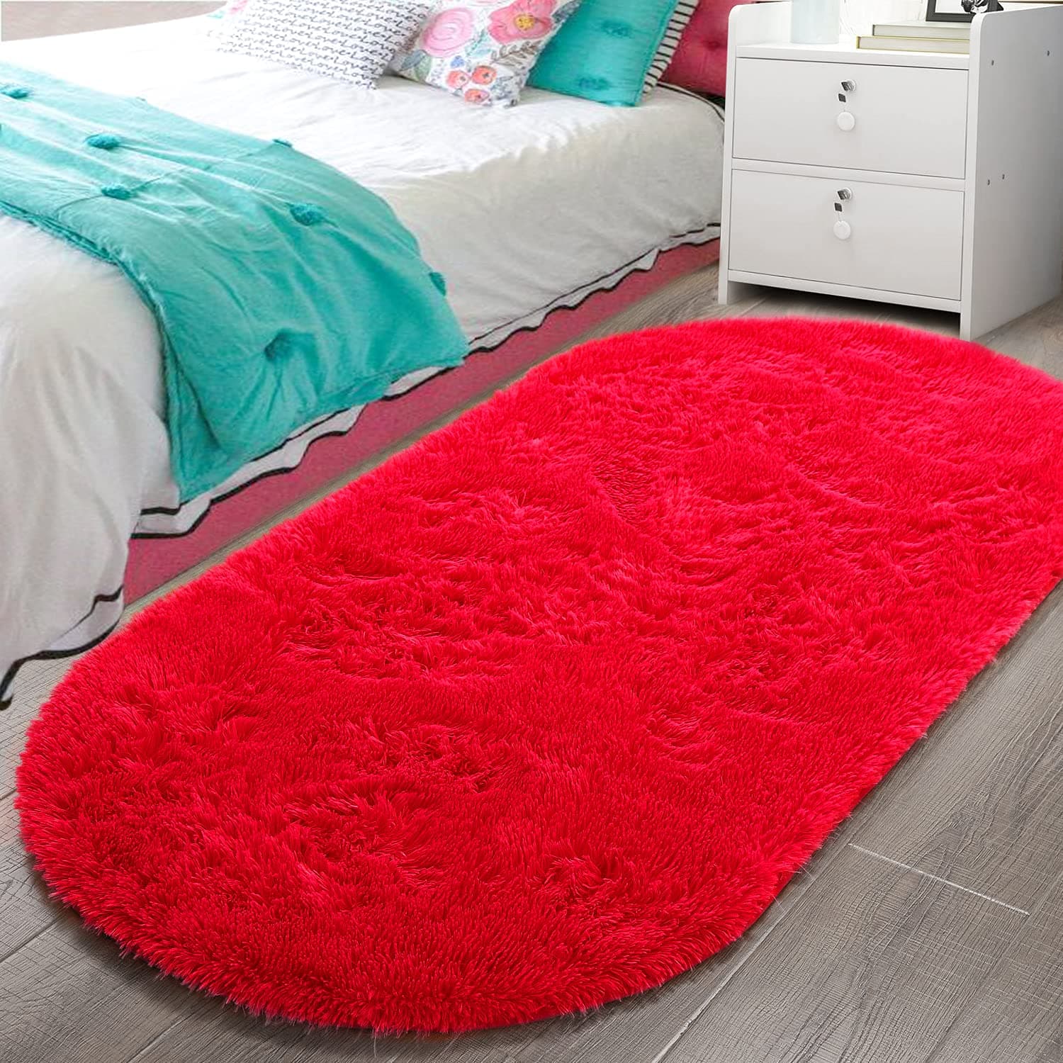 LOCHAS Bedroom Rug 2.6' x 5.3', Red Fluffy Shaggy Area Rug for Bedroom Bedside, Soft Oval Throw Rugs Carpet for Kids Girls Nursery Living Room Home Decor