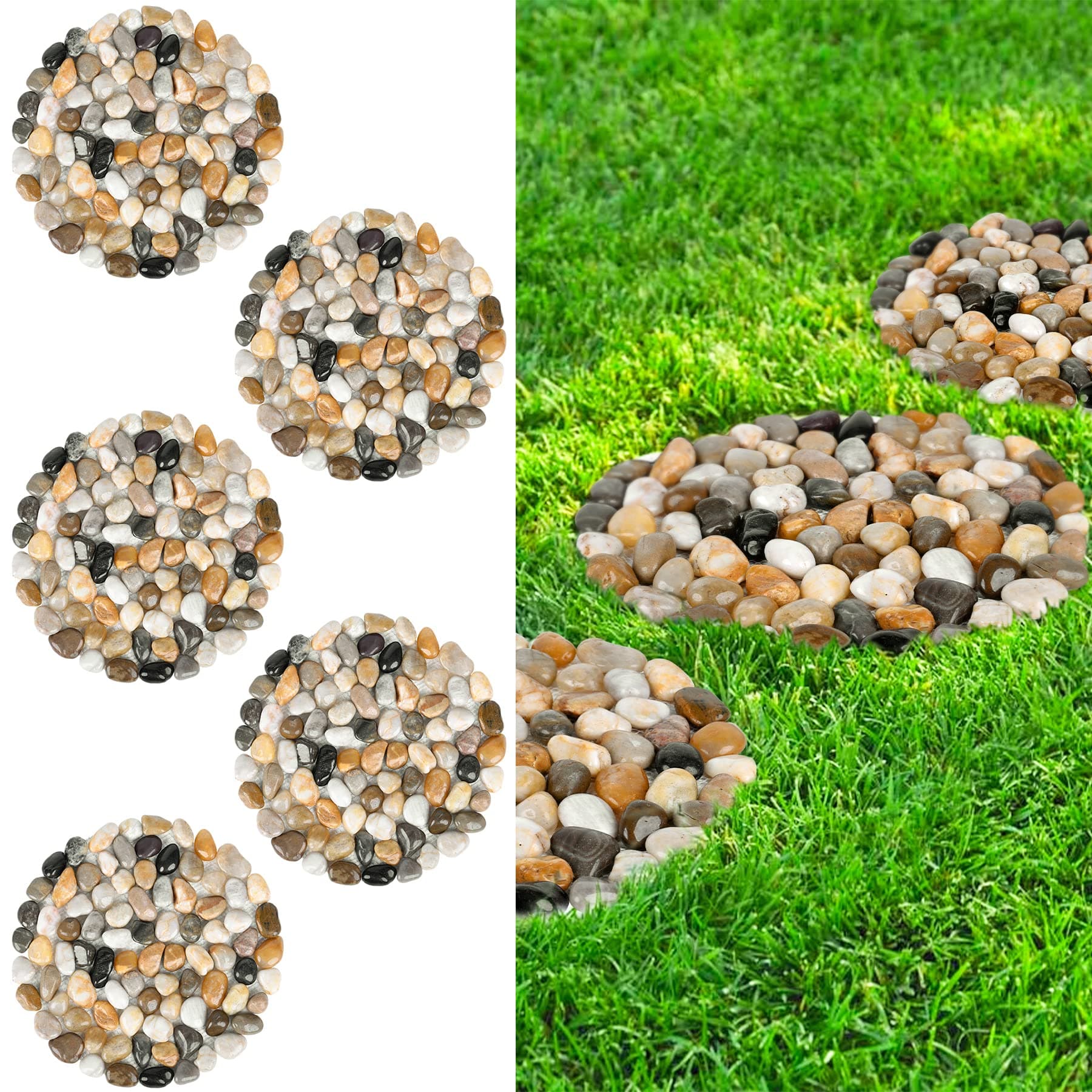 River Rock Stepping Stones Outdoor for Garden Walkway, 10 inch Diameter 5 Pcs Round Shape Paver Step Stones Polished Pebble River Stone Mat for Yard Lawn Patio Pathway Walk Way