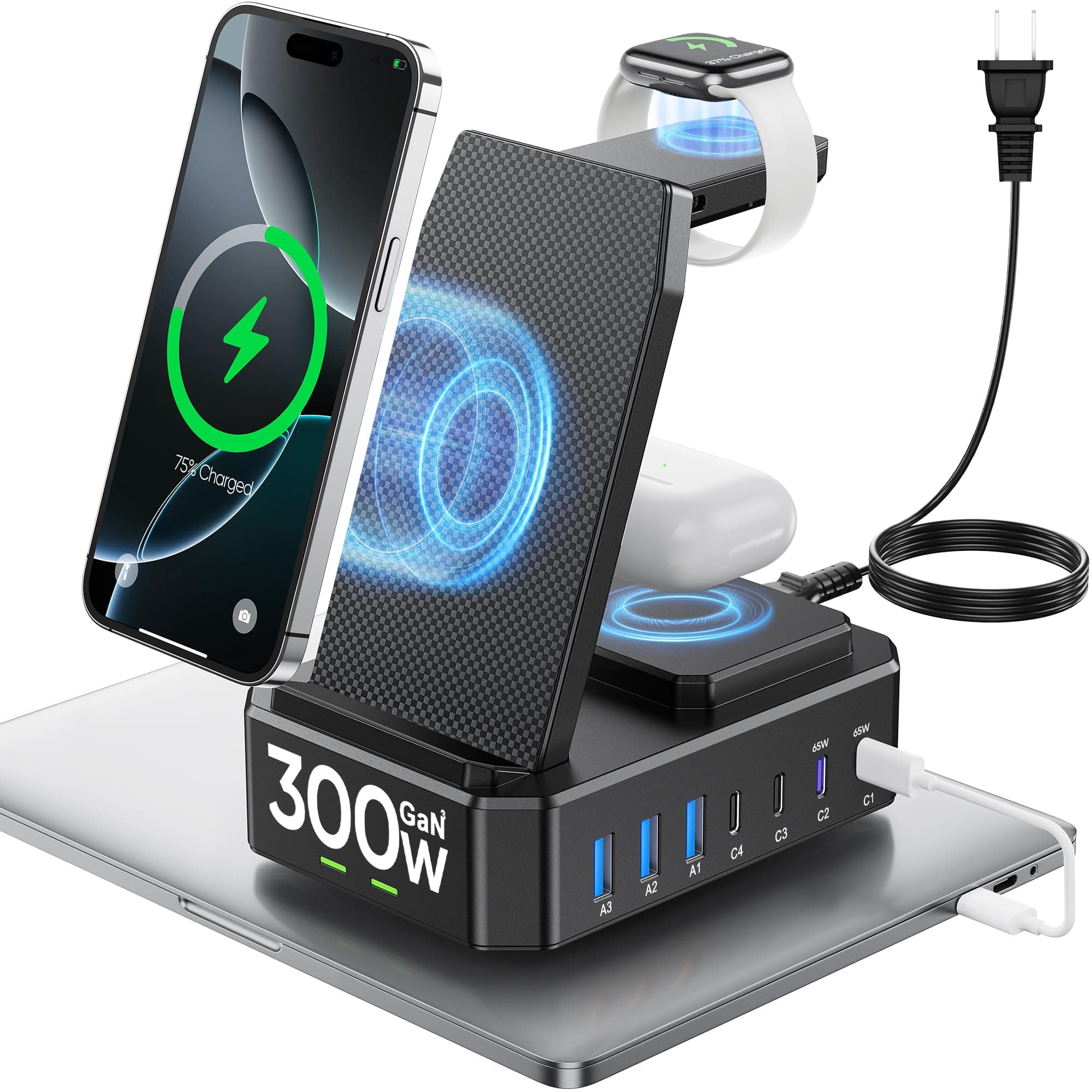 300W Charging Station for Multiple Devices Apple,10 in 1 Wireless Charger for iPhone,GaN III USB C 65W PD Fast Charging Stand Dock for MacBook,Apple Watch&Airpods,Black