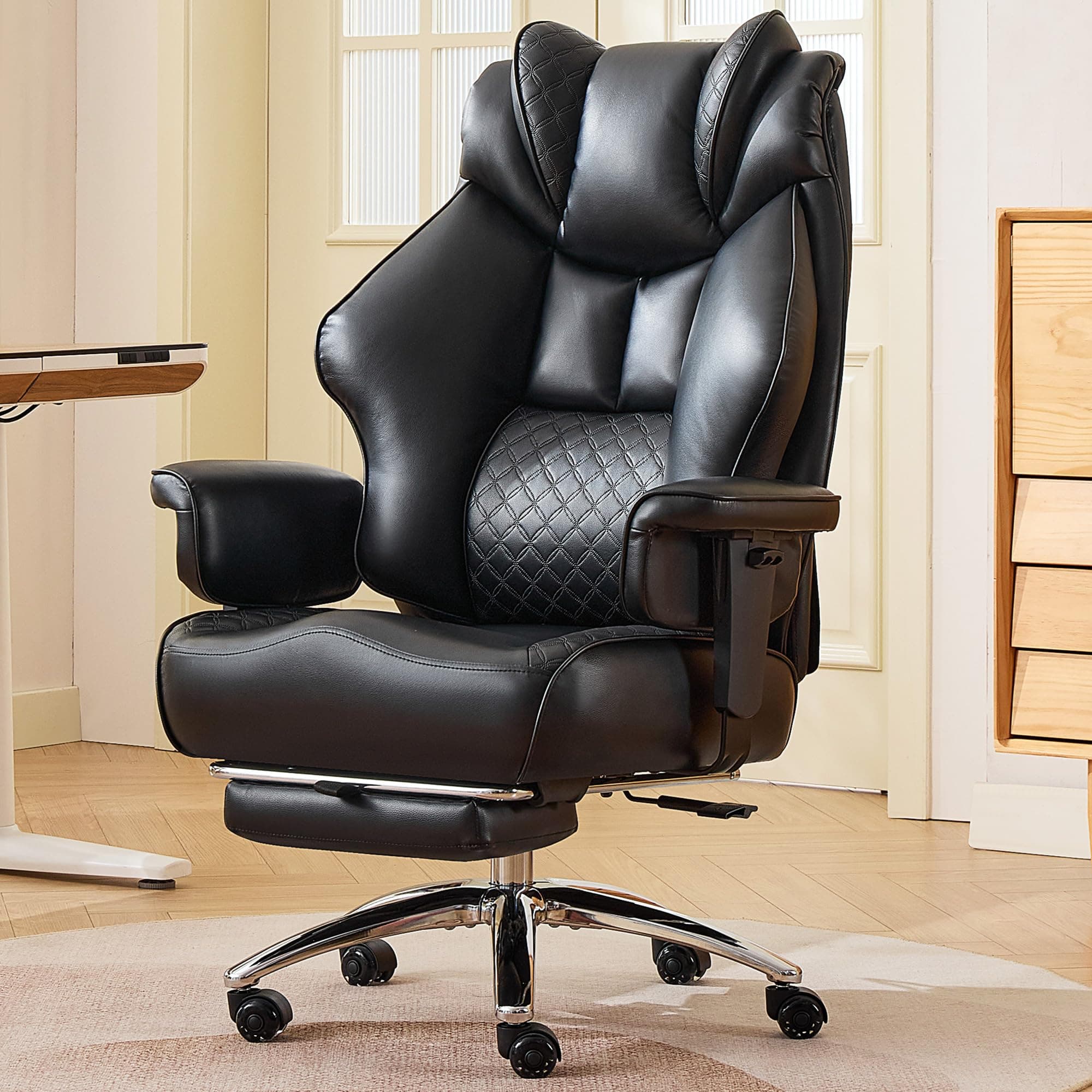 500lbs Big and Tall Office Chair Adjustable Lumbar Support for Back Pain, Extra Wide Seat Ergonomic Gaming Chair with Footrest, Heavy Duty High Back Comfy Leather Computer Chair (003 Black - Leather)