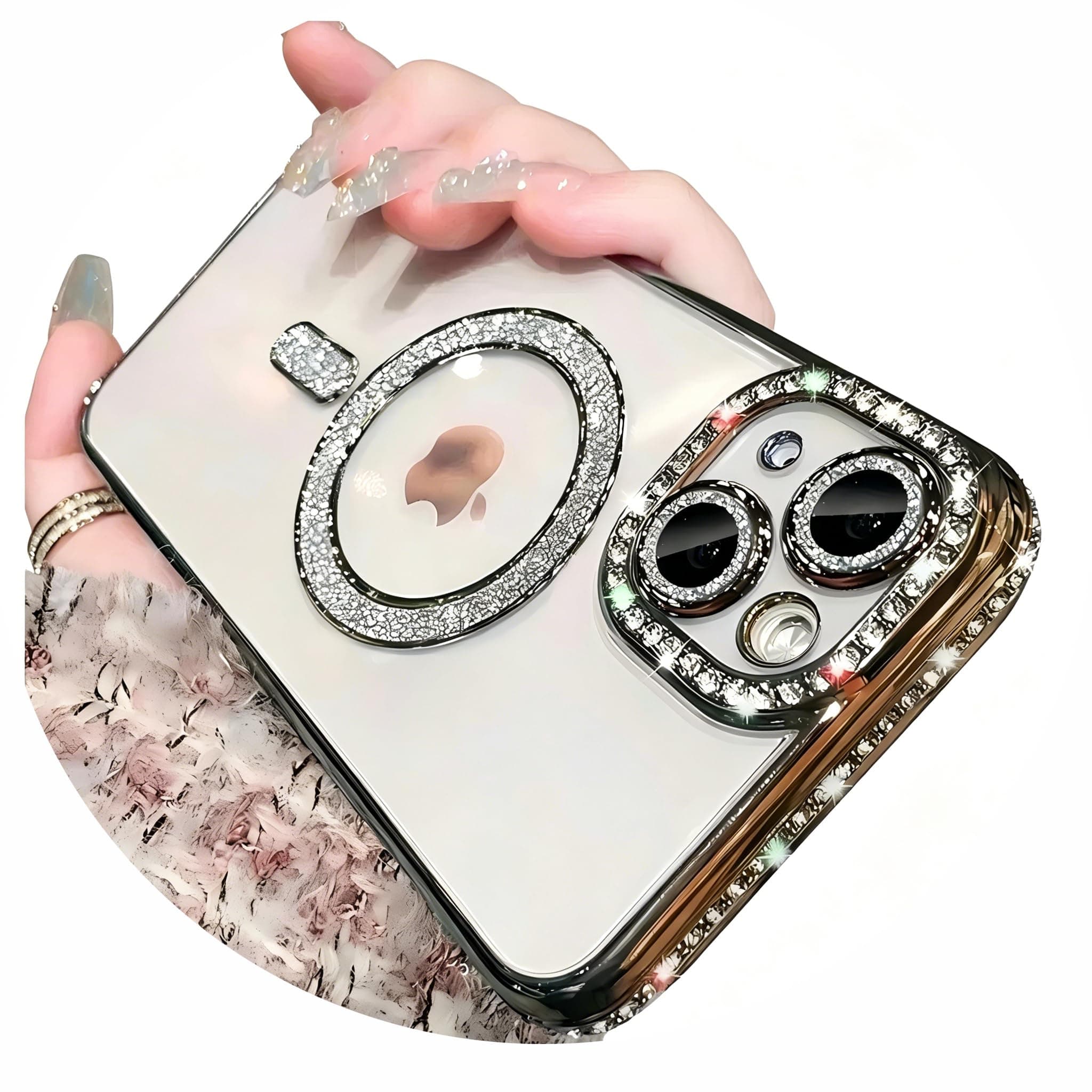 Doulings Magnetic Glitter Diamond for iPhone 15 Pro Max Case[Compatible with MagSafe] Sparkle Rhinestone Camera Lens Protector Plated,Crtstal Clear Slim Military Drop Shockproof Cover for Women,Gold