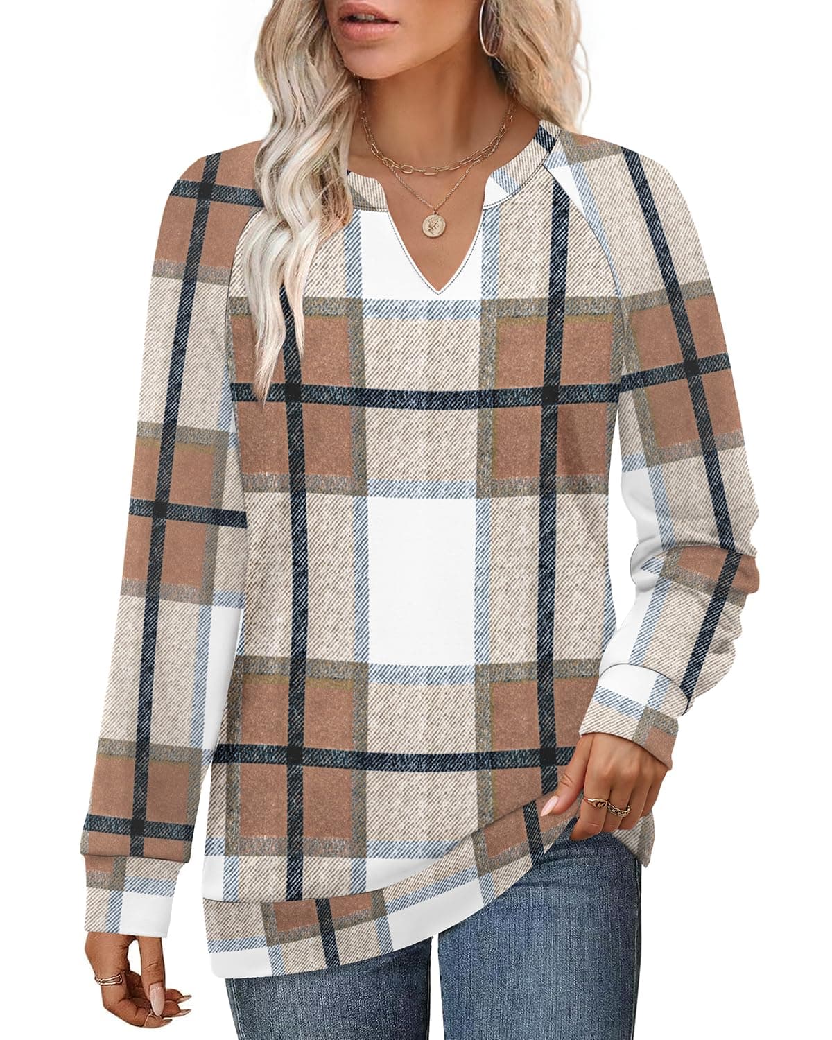 Aokosor Jumpers for Women Sweatshirts Ladies Tops V Neck Long Sleeve Tops Size 6-8 Checks