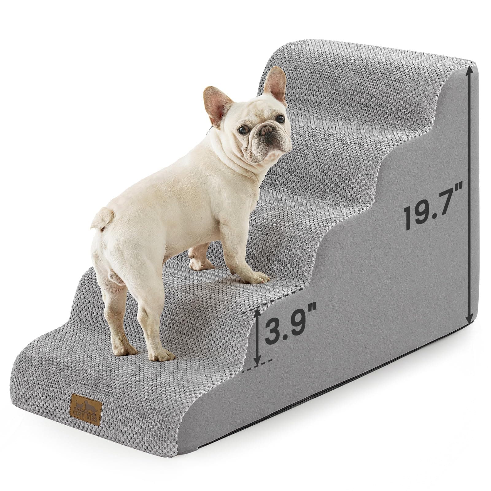 COZY KISS Dog Stairs for Small Dogs 19.7" H, 5-Step Slope Dog Ramp for Bed, Couch or Chair, Sturdy Pet Stairs for Puppy, Older Cat, Cat Stairs with High Density Foam, 15.7x33x19.7 inch, Gray
