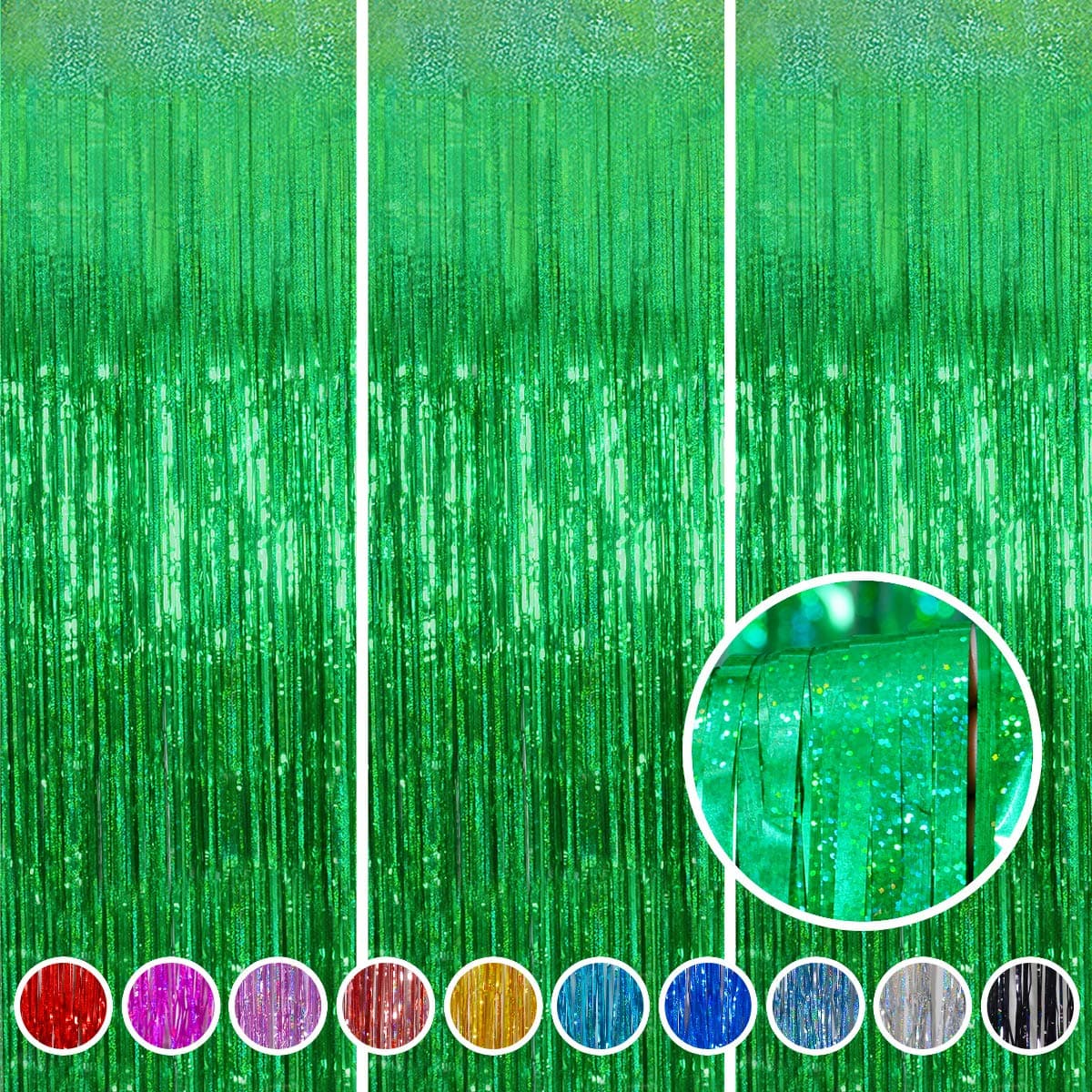 Green Foil Fringe Curtain Backdrop 3 Pack, 3.2 x 8.2 FT Party Decorations