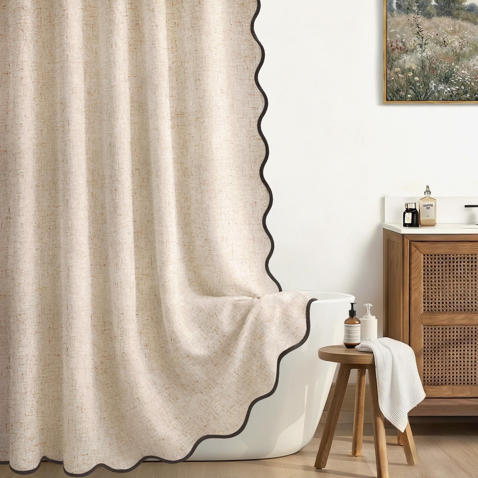 XOGUIBO Extra Long Shower Curtains 90 Inch Linen Beige Cute Black Scalloped Boho Modern Shower Curtains for Bathroom Set, 72" W x 90" L