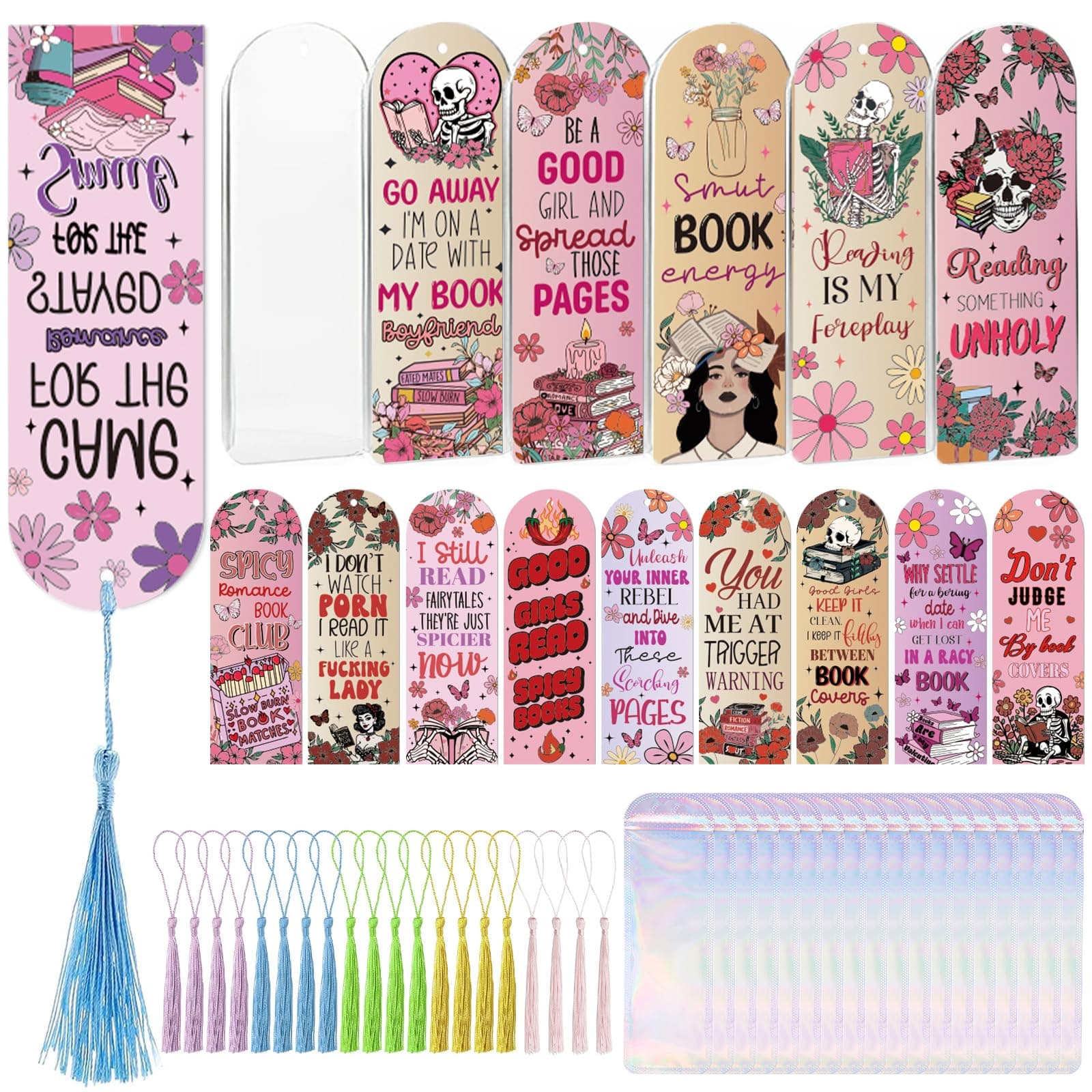 Dazoratix Dark Romance Acrylic Bookmarks - 60 Pcs Smut Blanks Bookmark Making Kit with Tassels Funny Spicy Clear Pink Bulk UV DTF Transfer Stickers for Book Lovers Women Girls Reading DIY Crafts Gifts