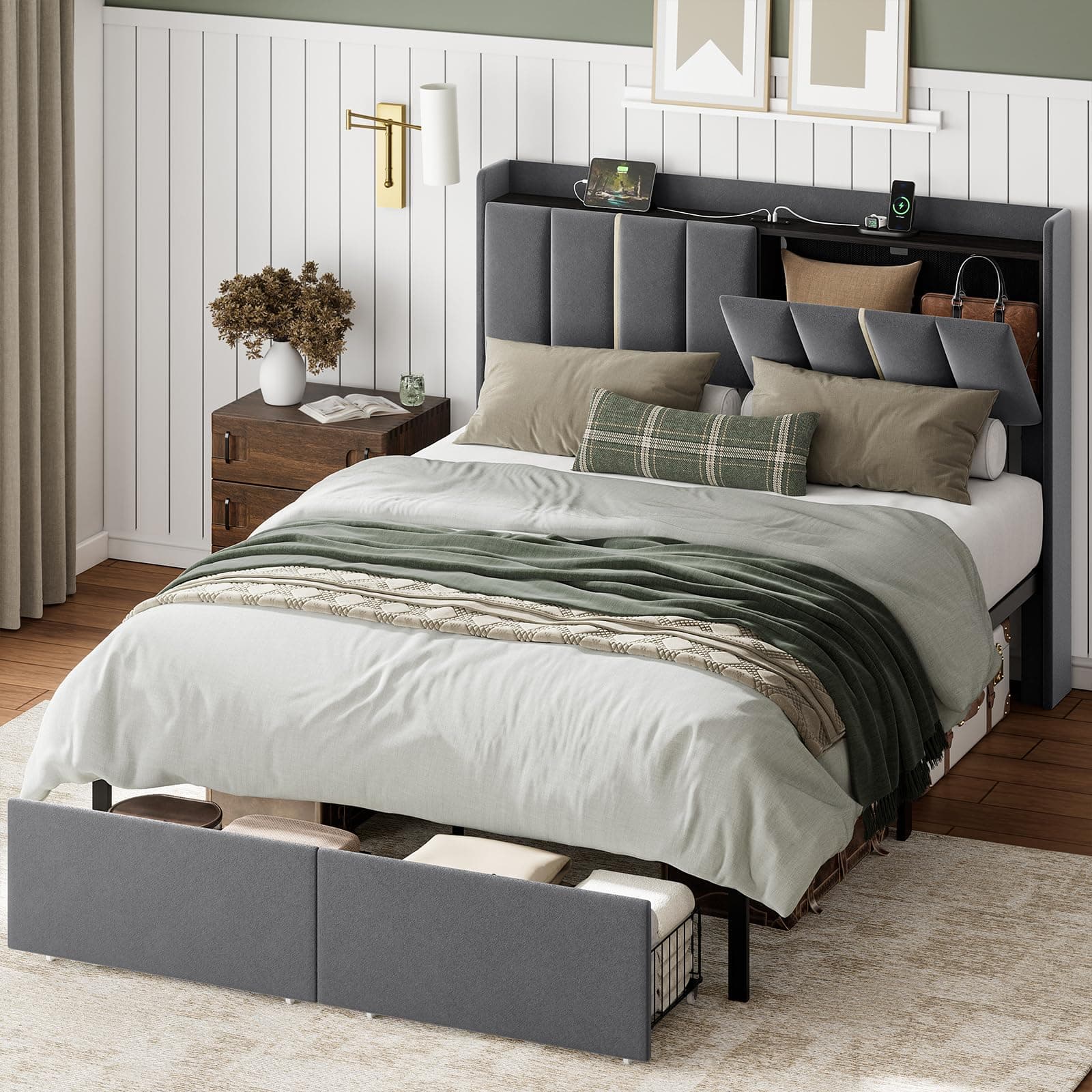 ROLETALENT Queen Bed Frame with Storage Headboard and 2 Drawers, Grey