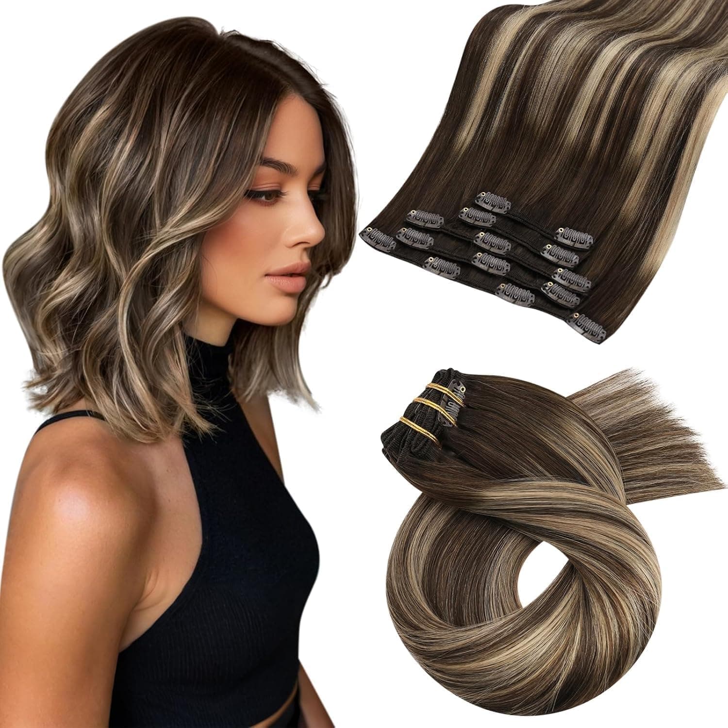 Moresoo Human Hair Clip in Extensions Medium Brown Caramel Blonde 10 Inch