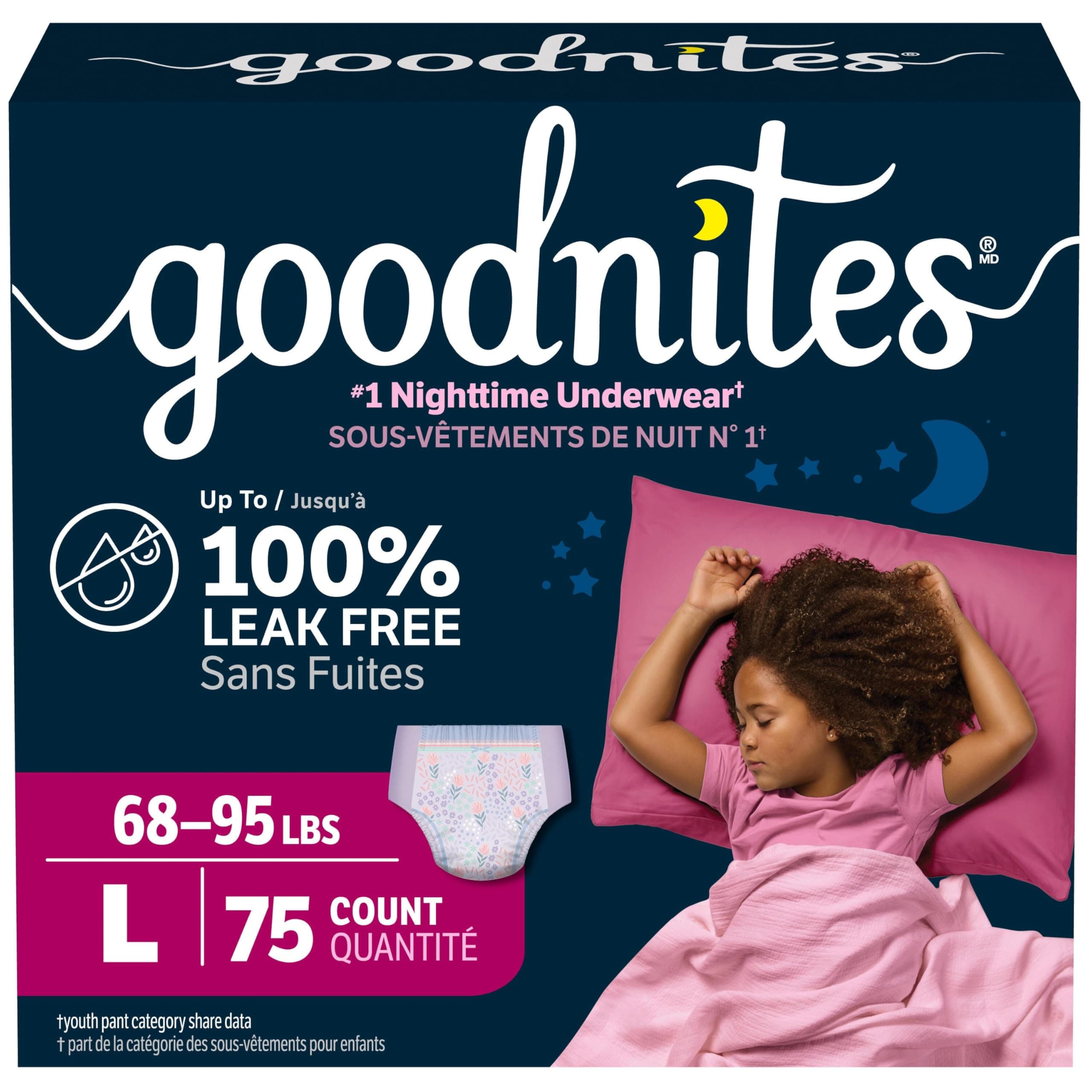 GoodNites Girls' Nighttime Bedwetting Underwear, Large (68-95 lbs), 75 Ct