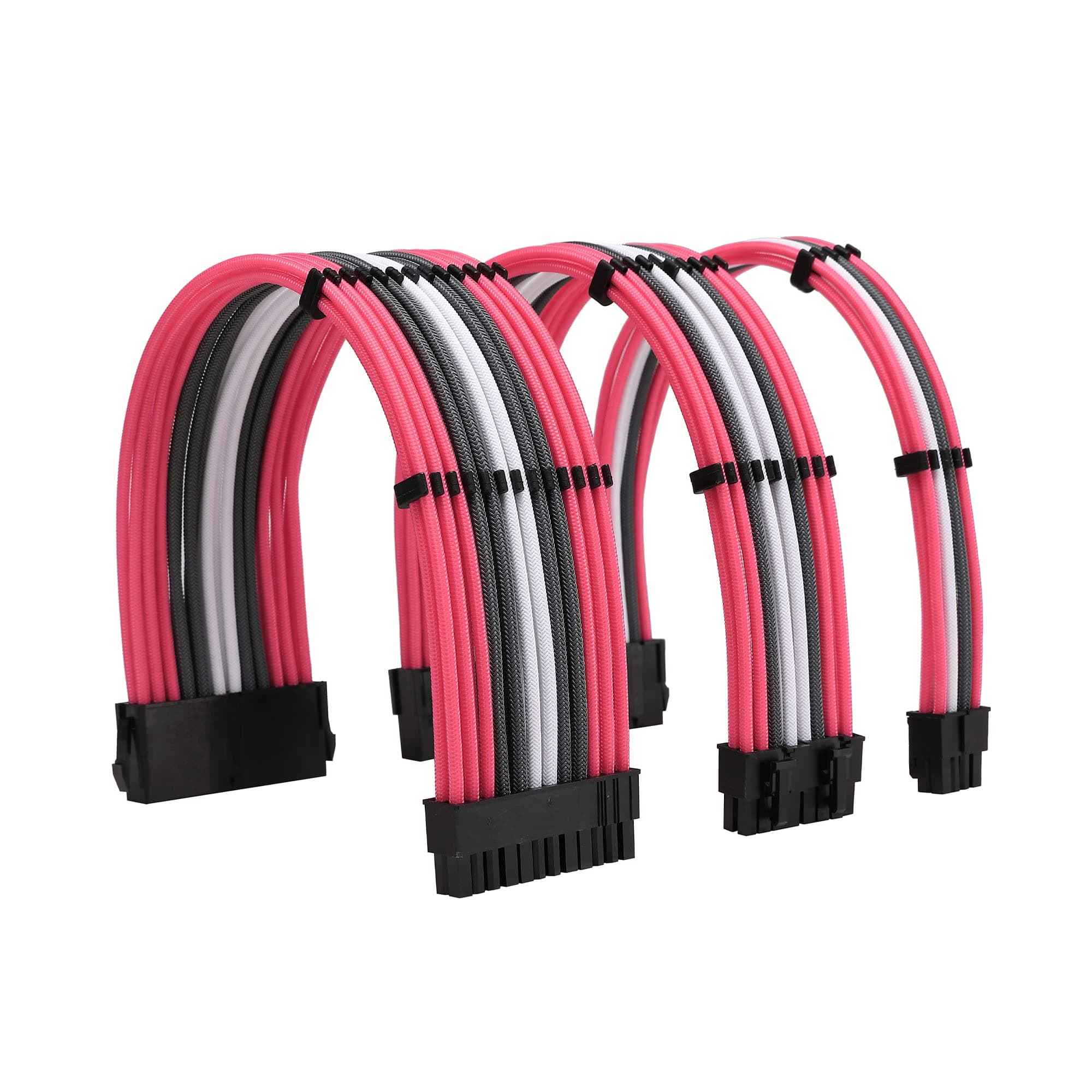 FormulaMod Sleeve Extension Power Supply Cable Kit 18AWG (1) ATX 24P+ (1) EPS 8-P+ (2) PCI-E8-P with Combs for PSU to Motherboard/GPU (Pink Grey White)
