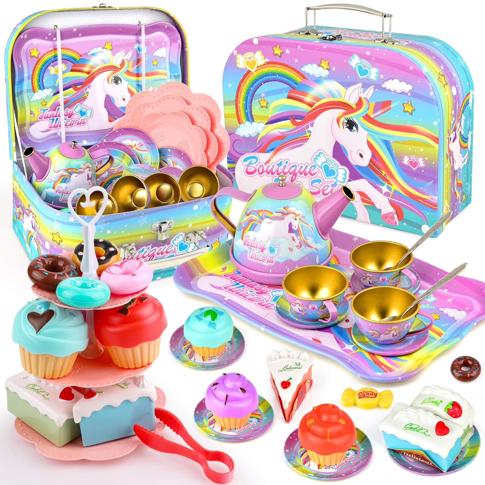 Tea Party Set for Little Girls, Unicorn Tea Set Toys for Girls Age 3 4 5 6 Year Old, Toddler Kids Kitchen Pretend Play Toys, Cake Stand, for Kids