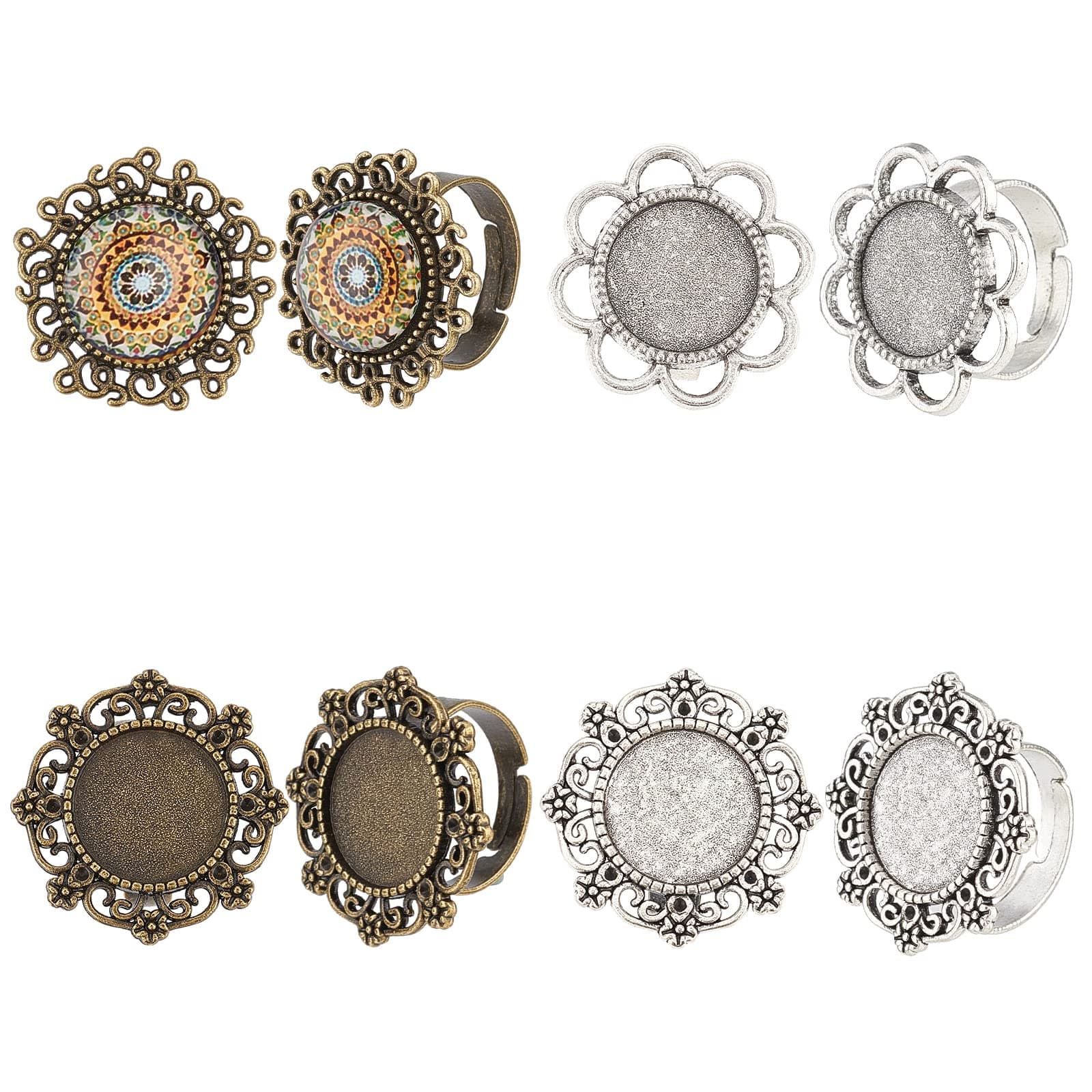SUNNYCLUE 16pcs 4 Style Finger Ring Set - Vintage Flower, Flat Base Cabochon, Antique Silver & Bronze Adult Women DIY Craft