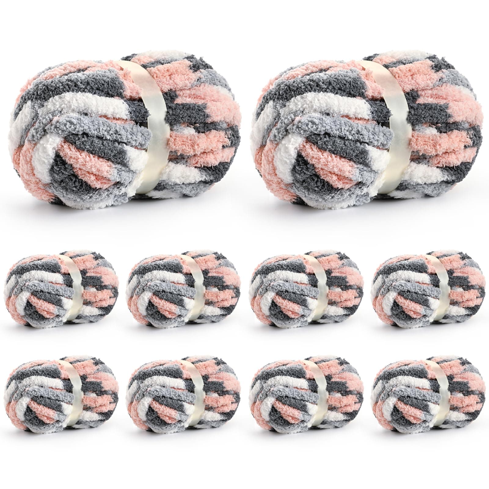 10 Pack Jumbo Chunky Yarn for Hand Knitting, Fluffy Chunky Chenille Yarn for Crocheting, Variegated Chunky Knit Baby Blanket Yarn, 240 yds /70.5 oz Super Bulky Yarn（Dark Grey-Pink-White）