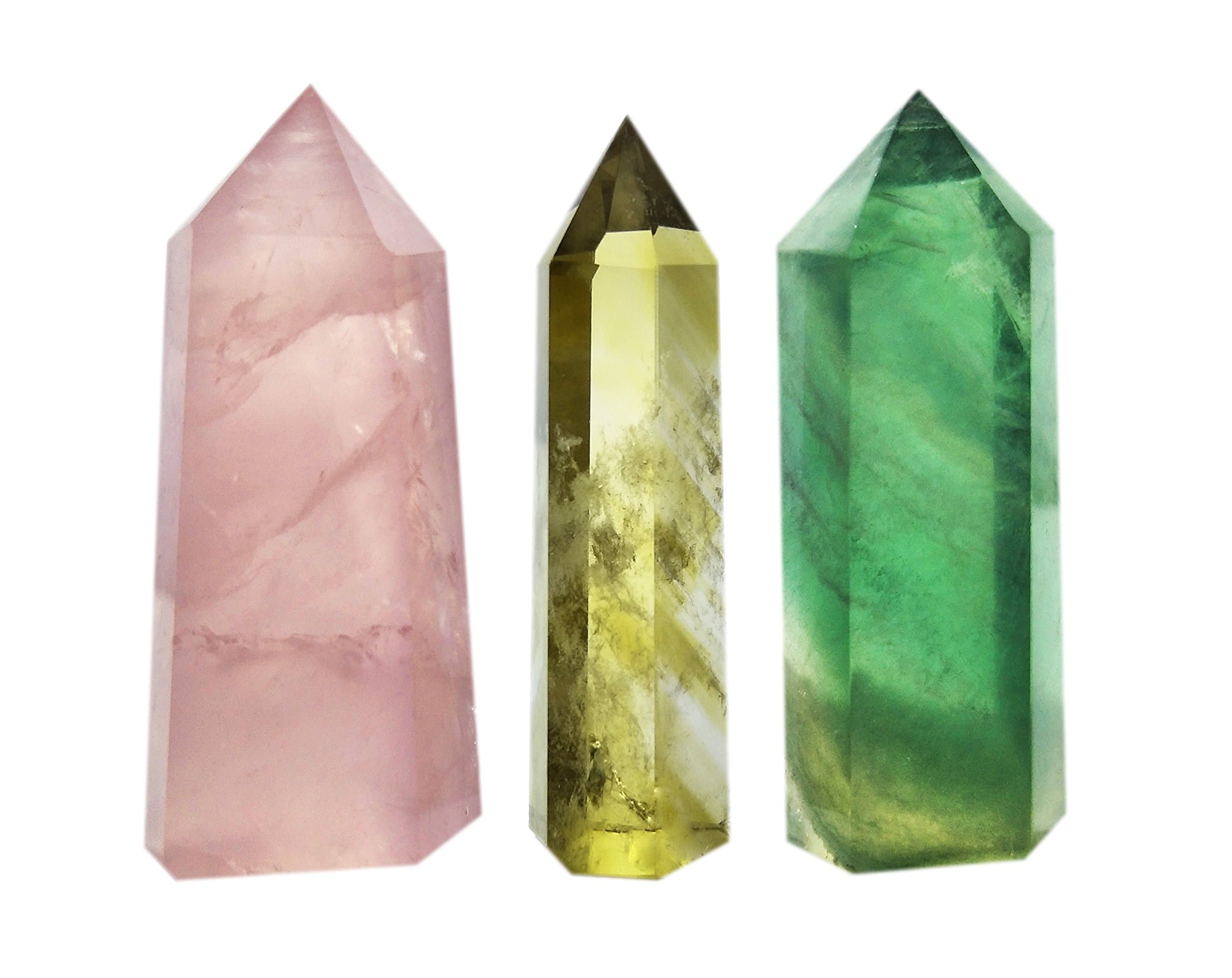 3-Piece Crystal Wands of Rose Quartz, Yellow Quartz (Citrine Crystal) & Fluorite Stone,Pointed & Faceted for Healing Reiki Chakra Meditation Therapy Decor