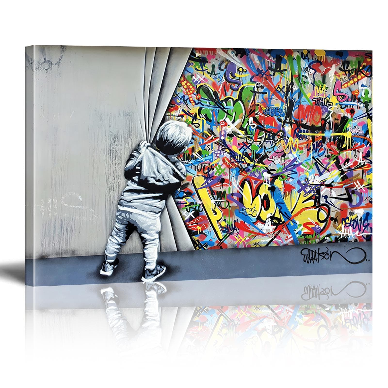 Banksy Canvas Wall Art Pop Street Graffiti Wall Art Decor Cool Poster Paintings Colorful for Men Ready To Hang for Living Room Bedroom Home Bathroom Wall Decor 12x16in Framed