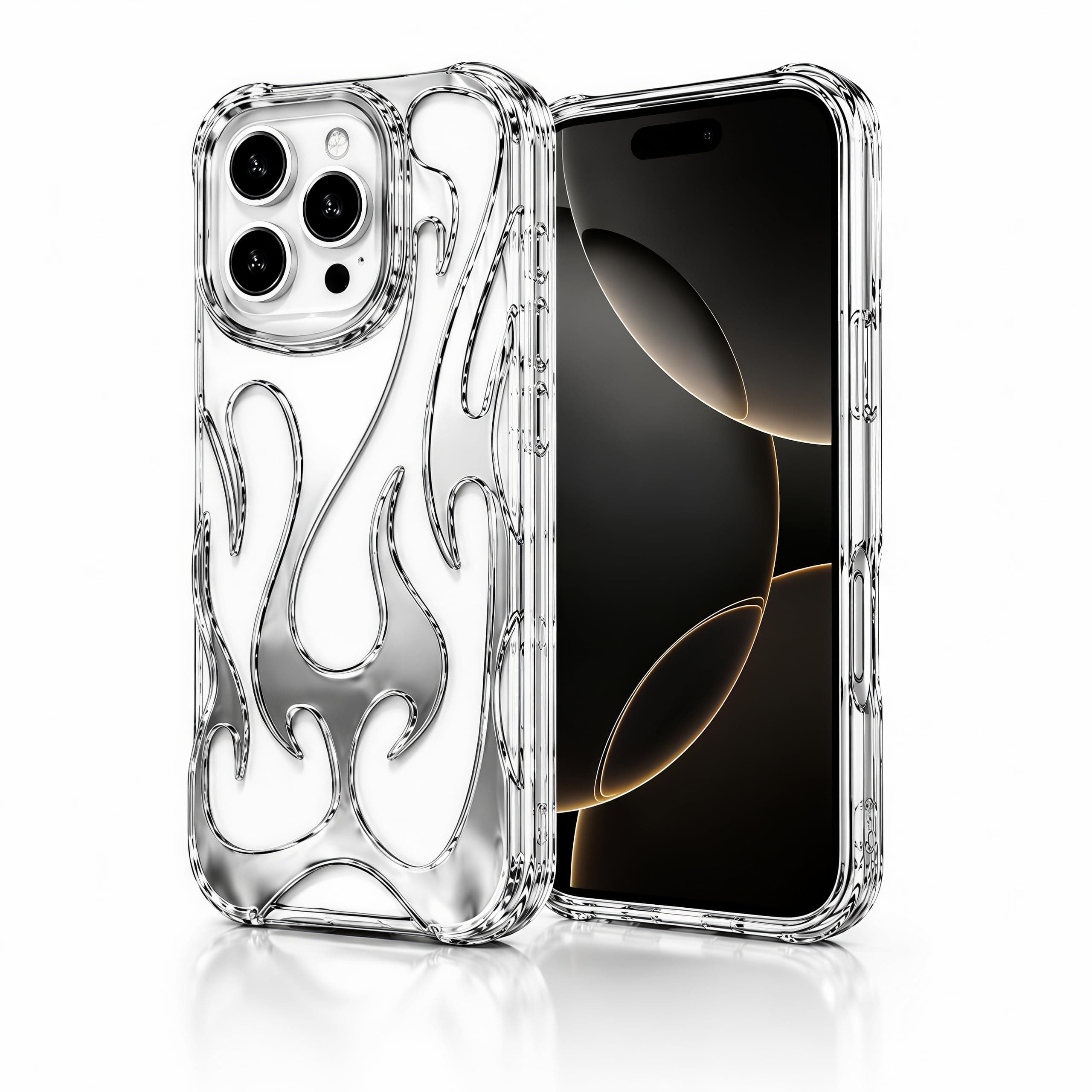 FXFOOT Fashion Flame Bumper Case for iPhone 15 [3D Luxury Electroplate Glittery] [Hollow Heat Dissipation Design] Slim Fit Shockproof Protective Soft Cover -Silver