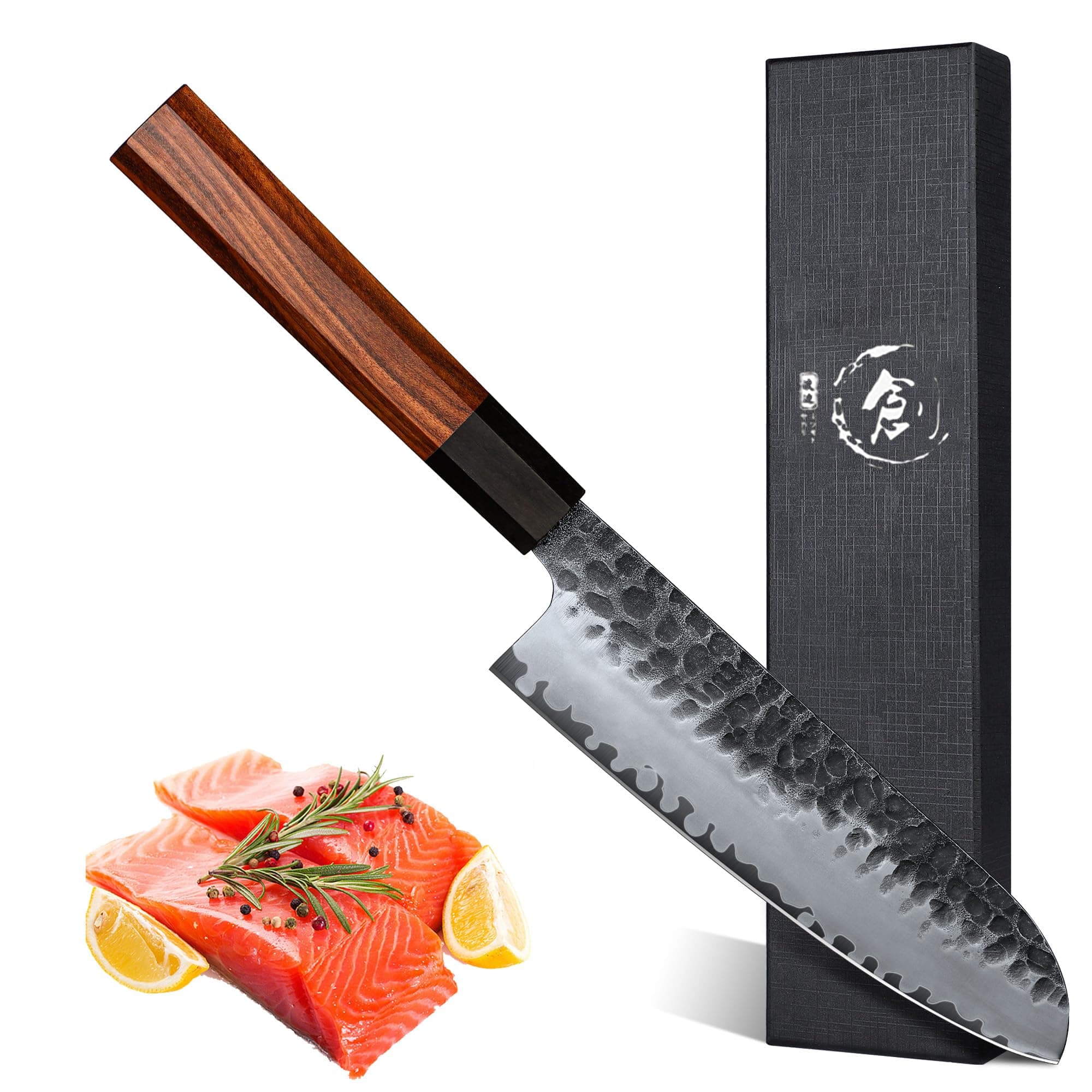 DRAGON RIOT Japanese Santoku Knife 7 Inch, High Carbon Chef Knives with Rosewood Handle, Professional Kitchen Cooking Knife, Sharp Chopping Knife with Gift Box,Christmas Gift for Men and Women