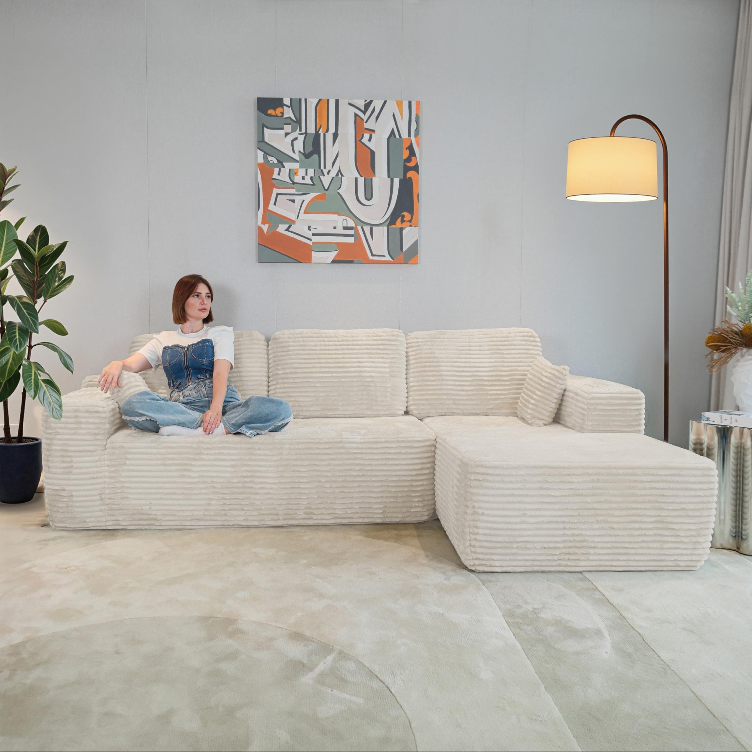 HOME IDOL Boneless Cloud Sofa 96 in L-Shaped Modular Sectional Couch, Frameless L-Shaped Modular Sectional, No Assembly, for Living Room/Bedroom, Silver Grey, Left Facing Chaise