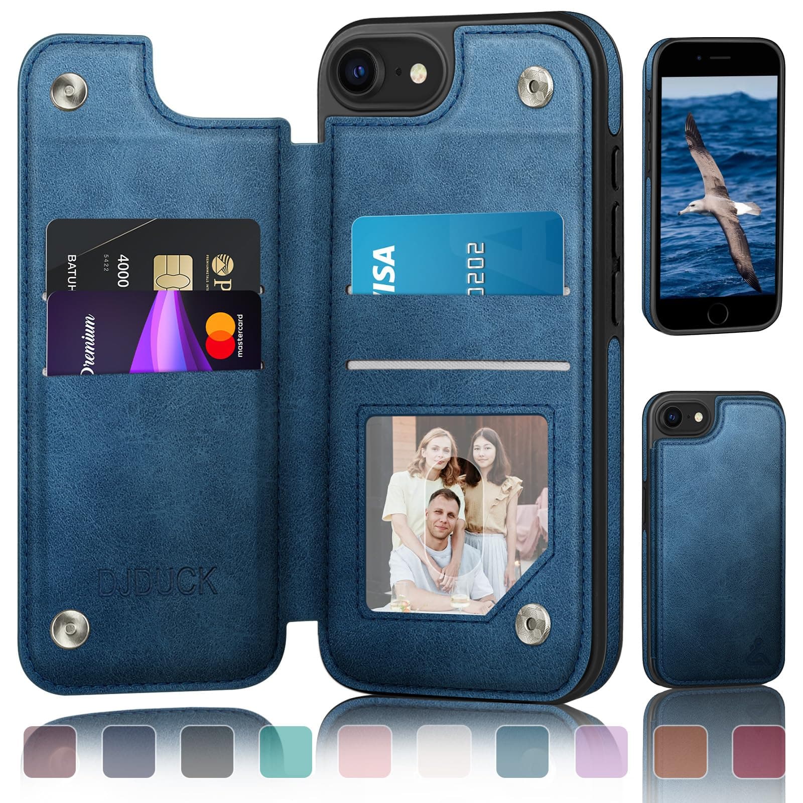 DJDUCK Designed for iPhone 7/8/SE2020/SE2022 Case Wallet with Card Holder, [Magnetic Clasp Cover] [RFID Blocking Leather Protection] Shockproof Women Men Cases 4.7 Inch for Apple 7/8/SE2 Bright Blue
