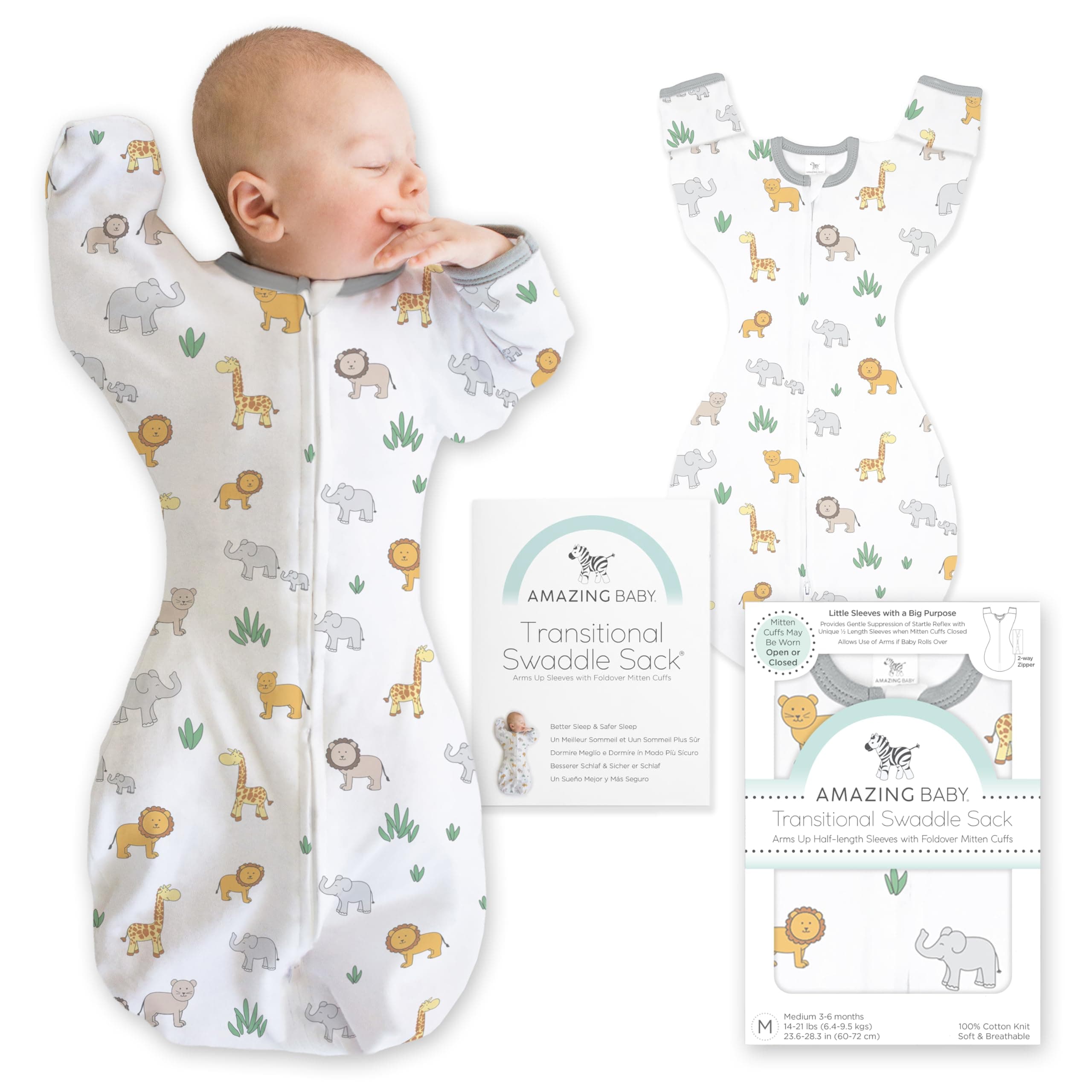 Amazing Baby Transitional Swaddle Sack, Arms Up Half-Length Sleeves & Mitten Cuffs, Swaddle for Newborn Transition to Baby Sleep Sack Wearable Blanket, Small, 0-3 Month, 6-14 lb, On Safari