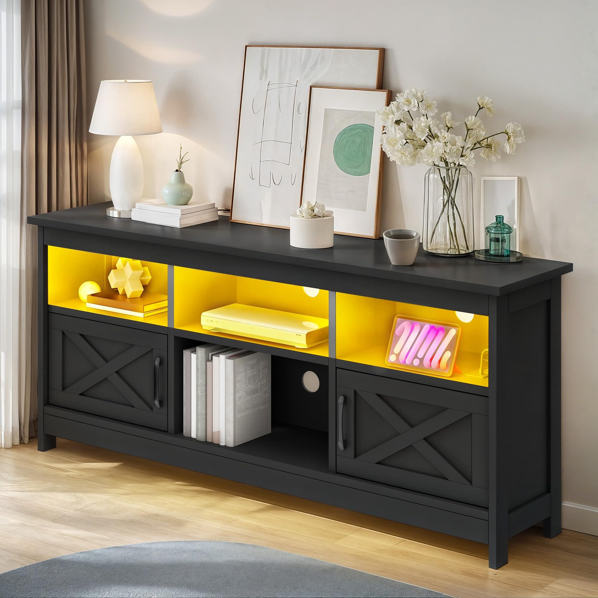 GOOBED Farmhouse TV Stand for TVs up to 65 Inches, LED-Lit Entertainment Center with Storage Compartments, Power Strip, Media Console for Living Room (Black)