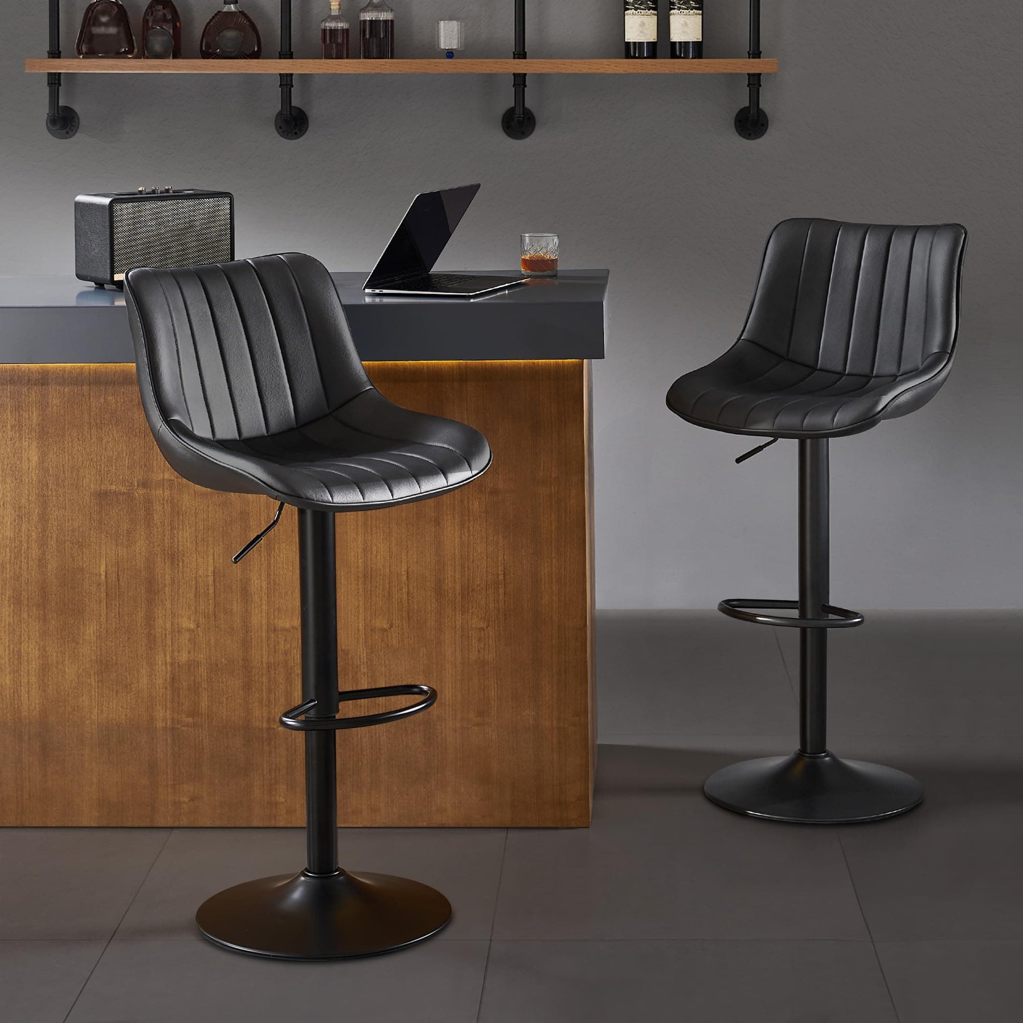 Nestvatto Bar Stools Set of 2,Swivel Counter Height Bar Stools, Adjustable PU Leather Bar Chairs with Back and Footrest, Modern Armless Counter Stools, Island Chairs for Bar Kitchen, Black