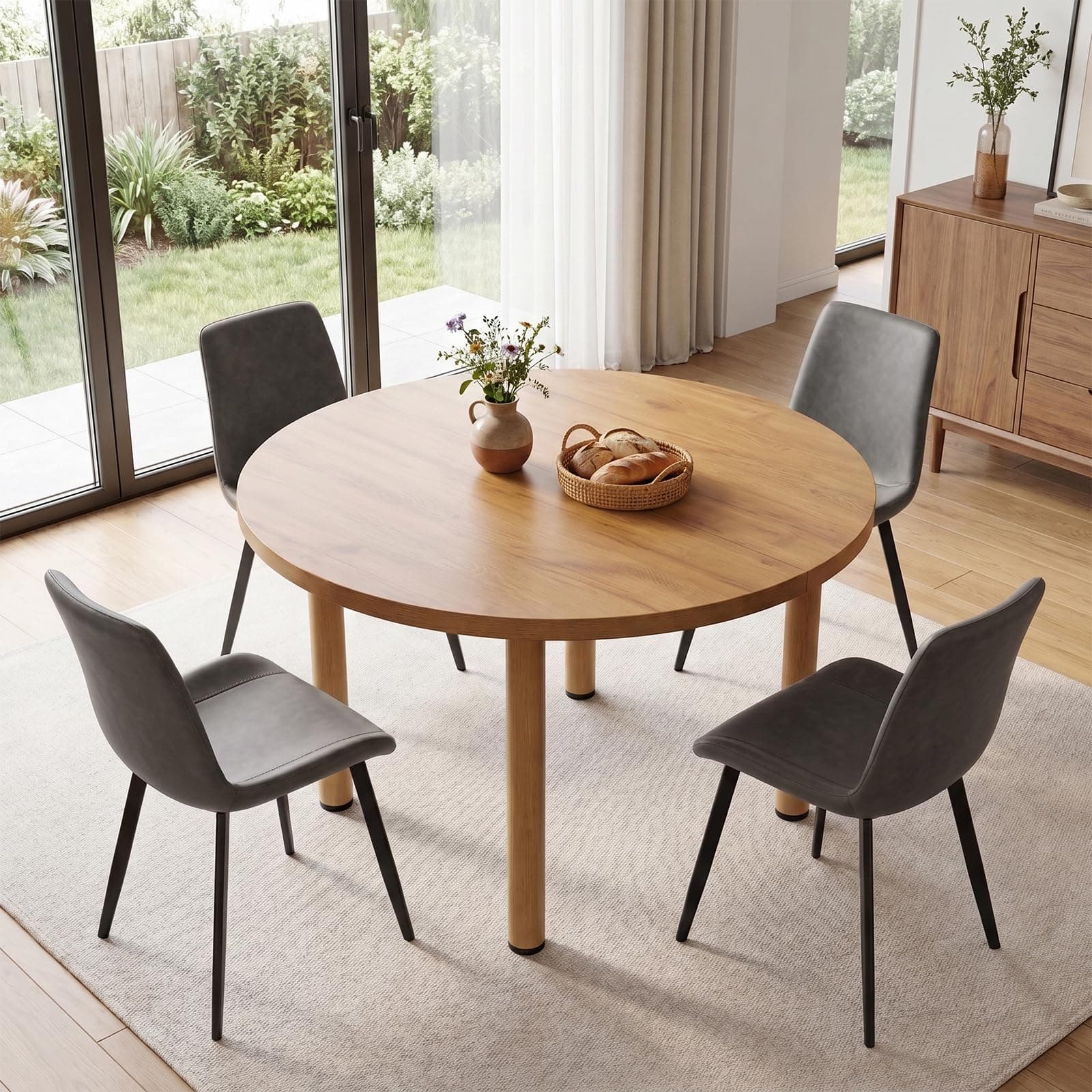 Round Dining Table for 4-6 People, Modern Kitchen Table, Oak Finish Wood Grain Top, 1.42" Thick MDF Desktop (1 Table with 4 Gray Chairs)