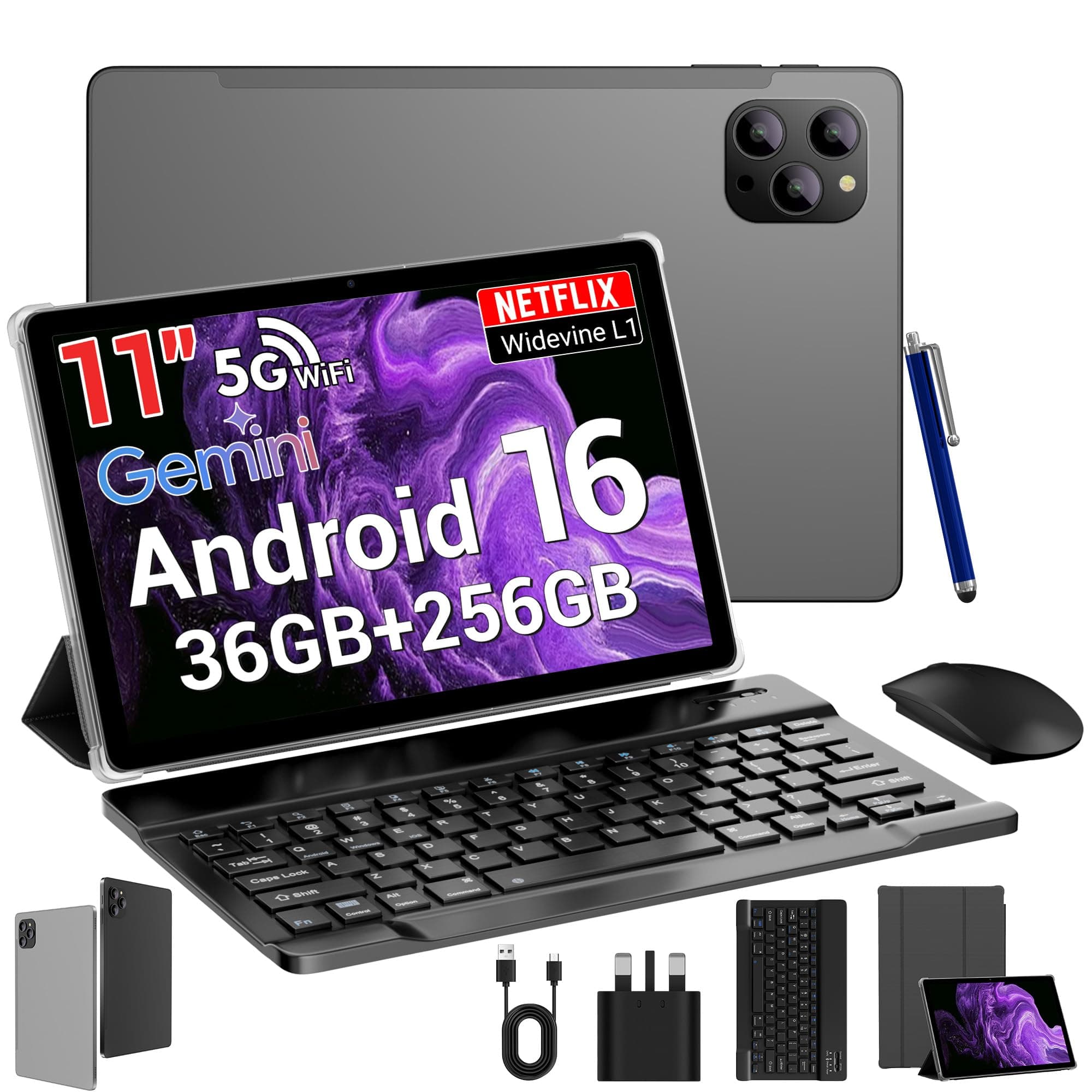 ROSYVIBE 2026 Slim 11 Inch Android 16 Tablet with Keyboard,Stylus & Mouse, 2K IPS Widevine L1 with Earphones, 36GB RAM 256GB (1TB TF), 8000mAh, T615 8-Core,8+13MP, 5G/2.4G WiFi, FCC/CE - Gray