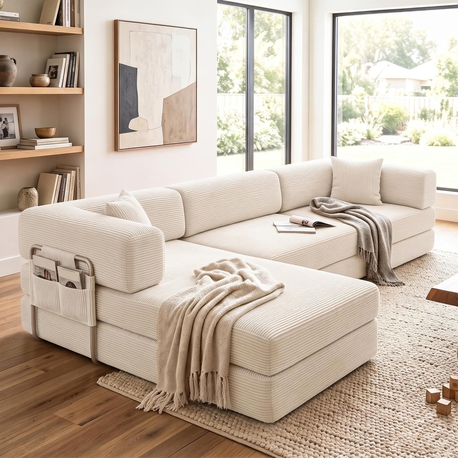 GEARIVY Convertible Sleeper Sofa Bed Corduroy Couch Bed 4-in-1 DIY Combination Modular Sofa Fold Out King Size Sleeper Floor Cama Lounge Couch for Living Room (White, 270CM Sofa Bed)