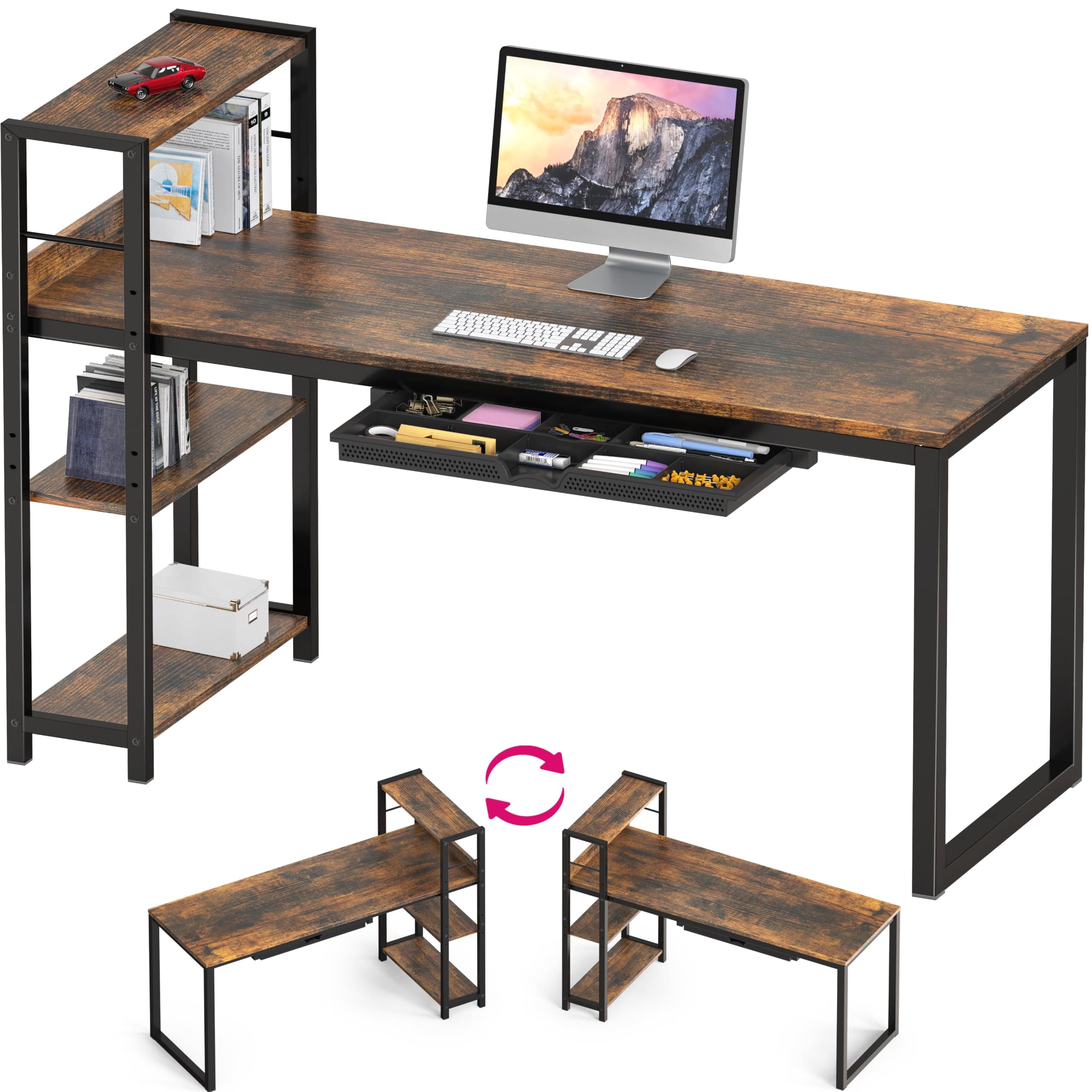 SHW 46-Inch Home Office Computer Desk w/Side Shelf & Drawer, Rustic Brown