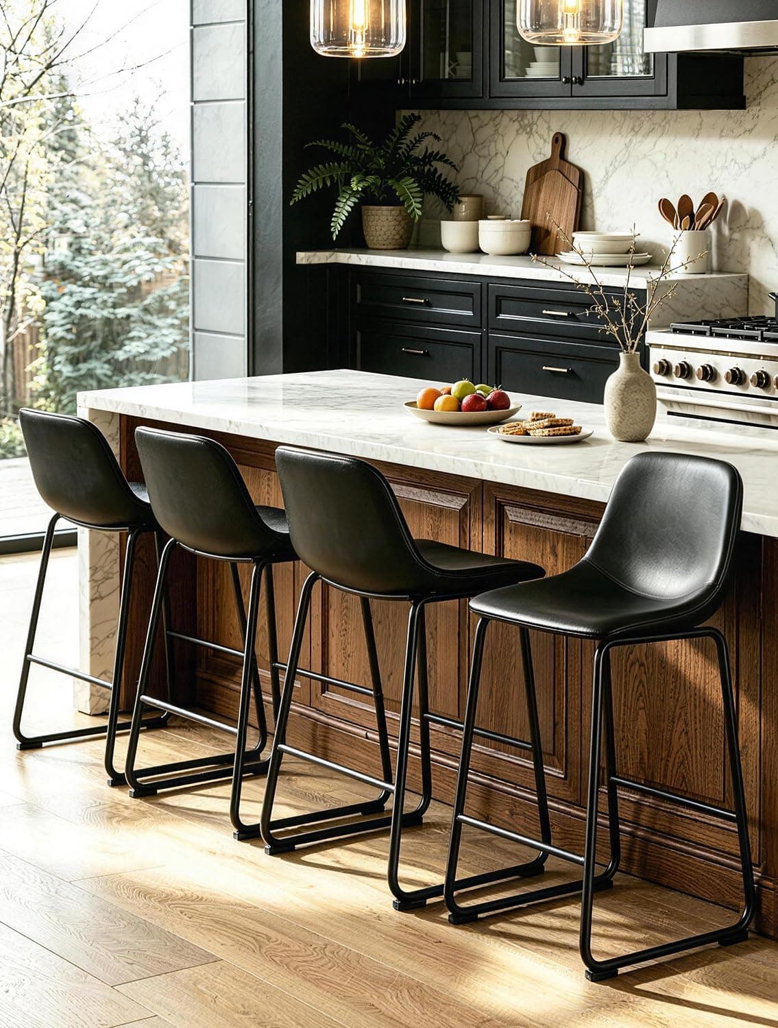 TAVR Furniture Faux Leather Counter Height Stools Armless Island Chairs Set of 4 with Backs Hold up to 500 lbs for Home Kitchen Dining Room Bar Coffee Shop, Industrial Vintage Style, Black