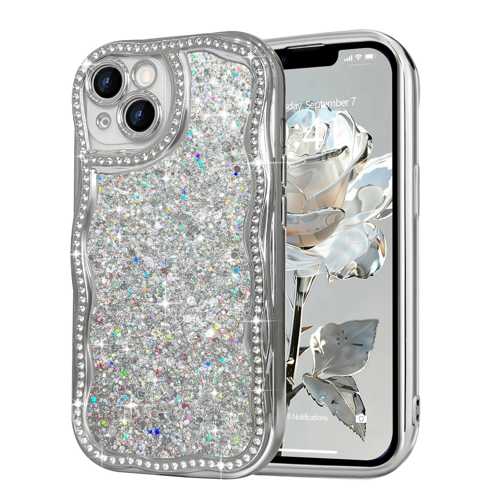 for iPhone 14 Case Glitter, Bling Sparkle Cute Curly Wavy Design with Crystal Shiny Diamonds Rhinestones Cover for Women Girls, Luxury Plating Shockproof Protective Phone Case for iPhone 14, Silver