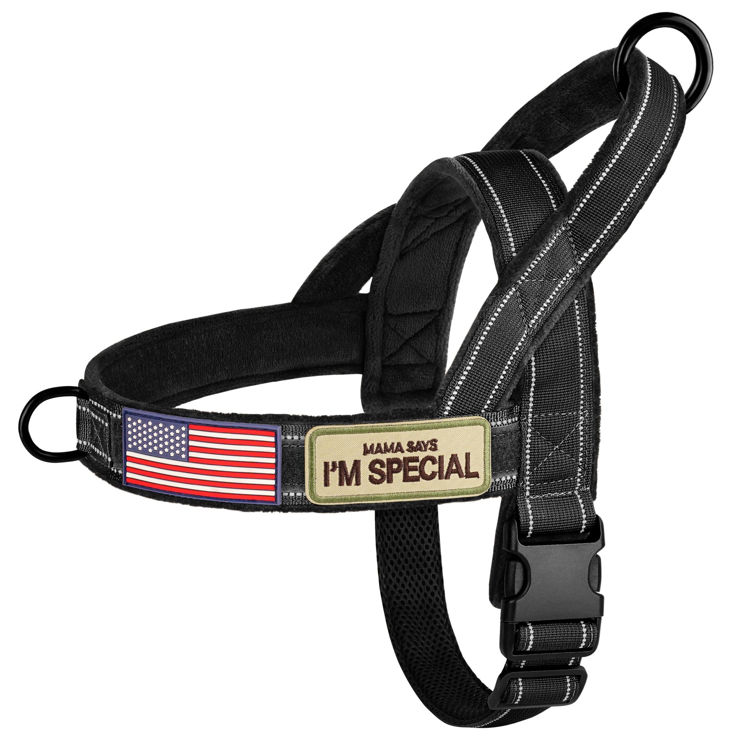 Forestpaw No Pull Dog Harness with Large Handle,Slip on Reflective Vest with Quick Release Buckle,Comfortable Flannel Lining for Medium Large Dogs Walking Training (Includes 3 Patches),Black XL