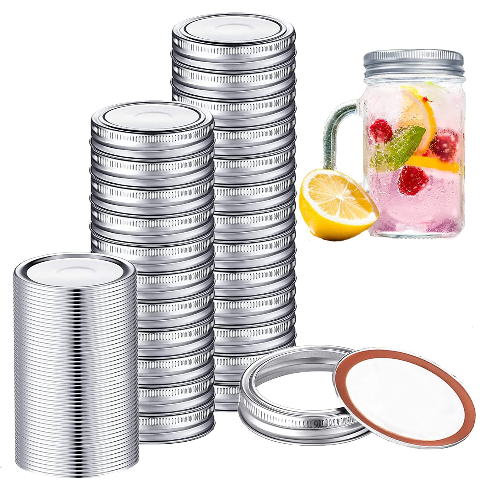 48 PCS Canning Jar Lids and Bands, Mason Canning Lids with Silicone Ring Leak Proof Secure, Reusable Split-Type Silver Lids (86mm)