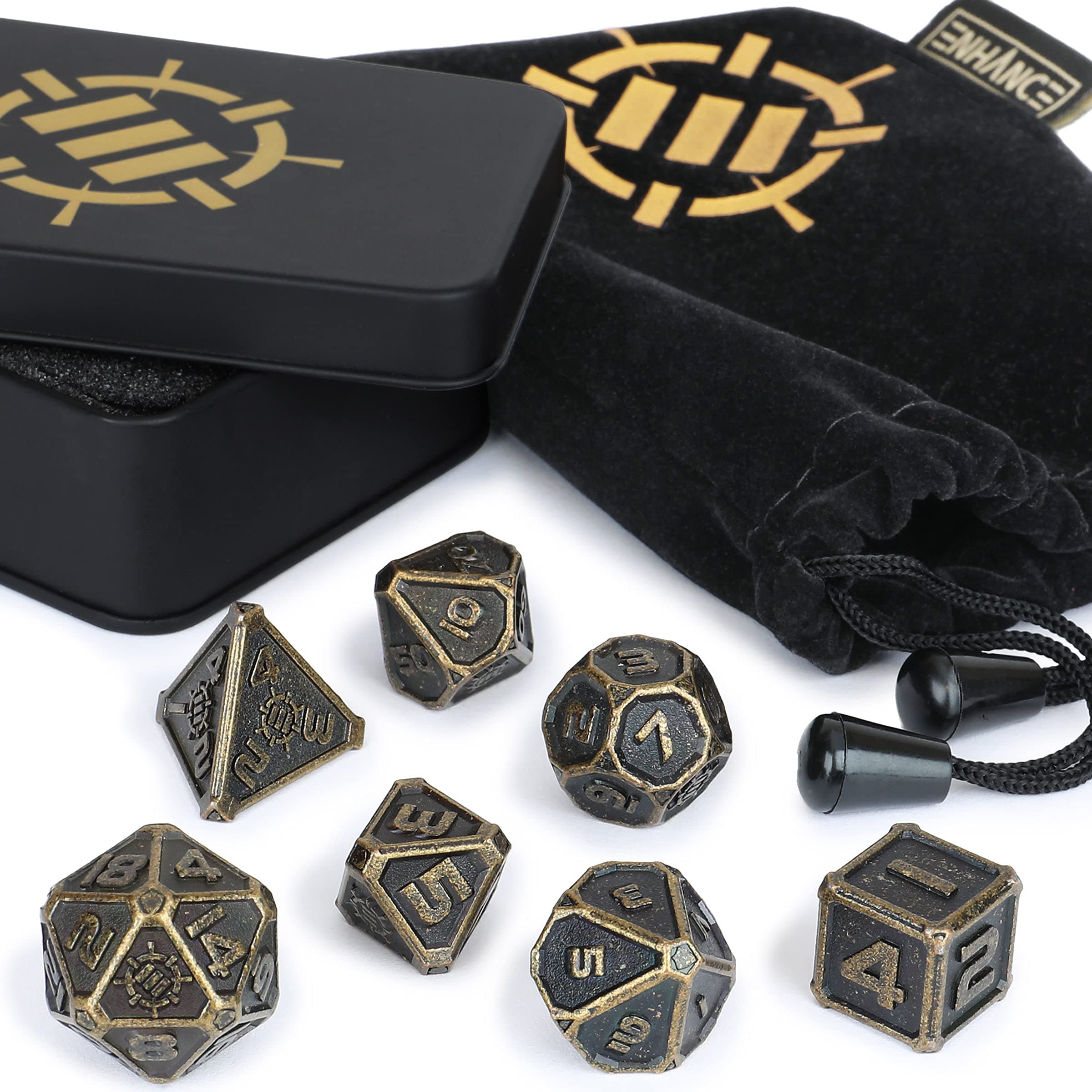 ENHANCE DND Metal Dice Set - 7pc Polyhedral Dice with Storage Case and Drawstring Dice Bag - Solid Metal D&D Dice Set for Dungeons and Dragons, Pathfinder, More RPGs (Ancient Bronze)
