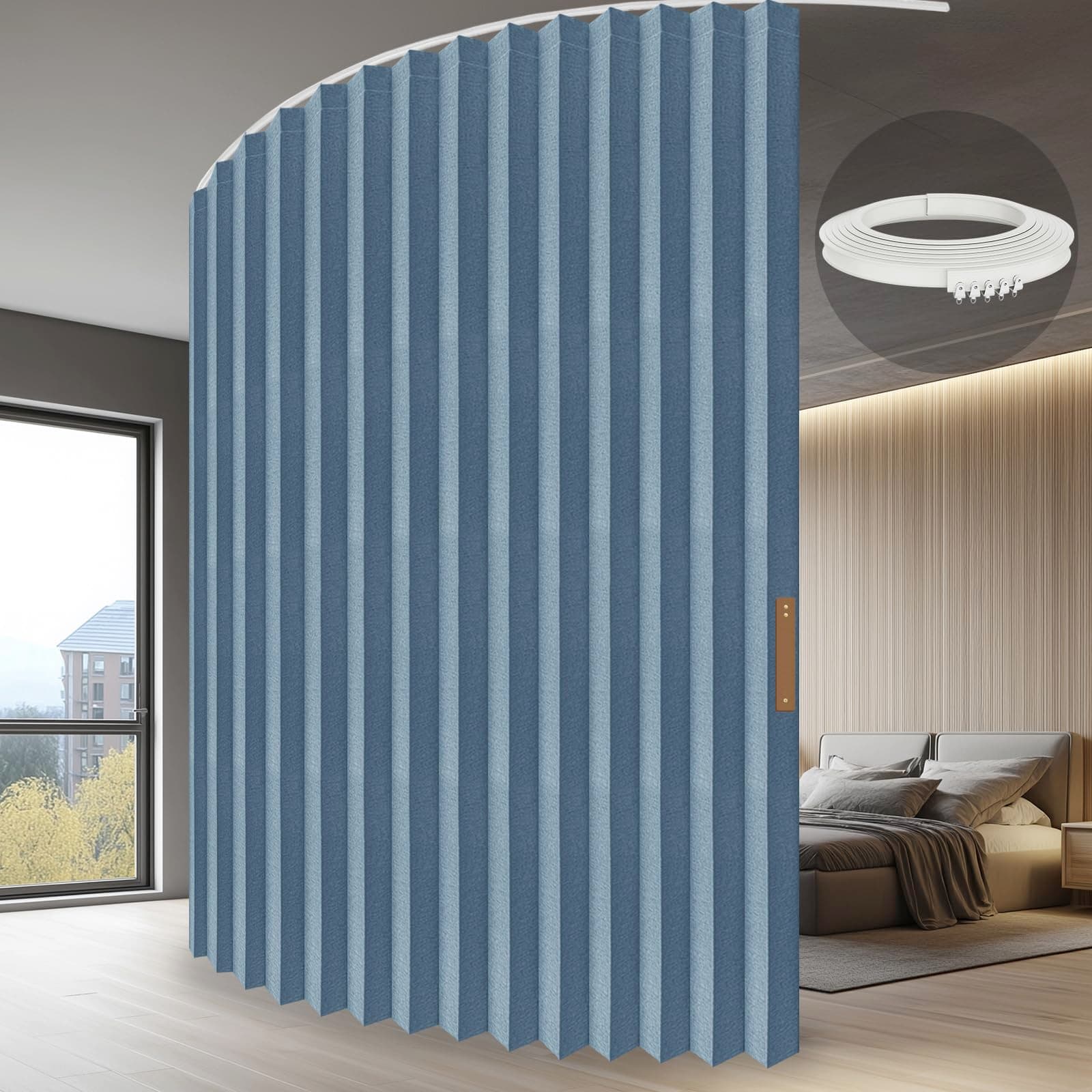 JILRON Accordion Partition Curtain with Ceiling Track - Space-Saving Room Divider, Tool-Free Installation(Blue 180" W x 108" L-Pack of 1)