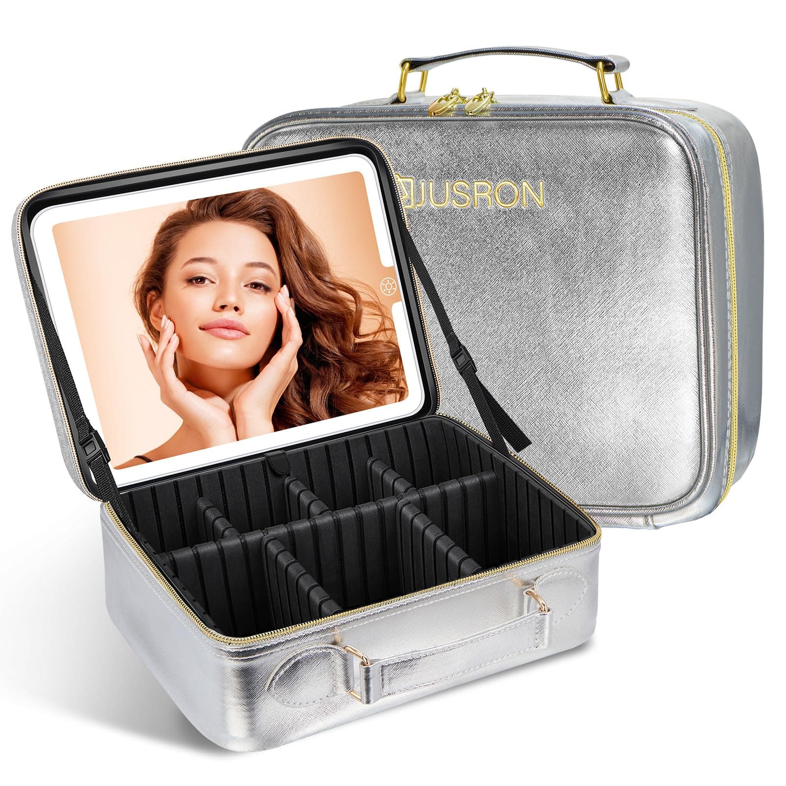 JUSRON Portable Makeup Artist Organizer Bag with Adjustable Dividers, Makeup Brush Holder Storage, Sliver, Large, High-end & Fashion