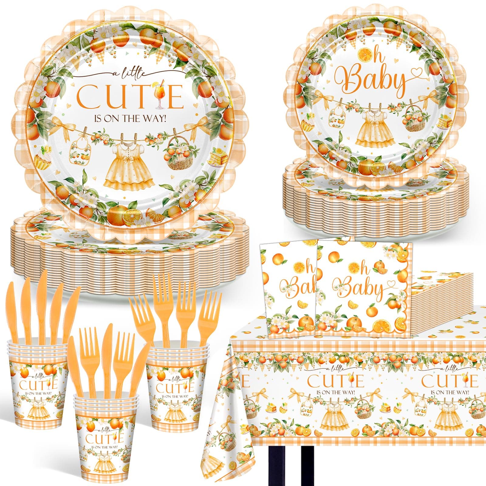Lecheme Little Cutie Baby Shower Decorations: Orange On Baby Plates Napkins Cups Tablecloth A Little Cutie Is on The Way Party Supplies for Girl Serve 24