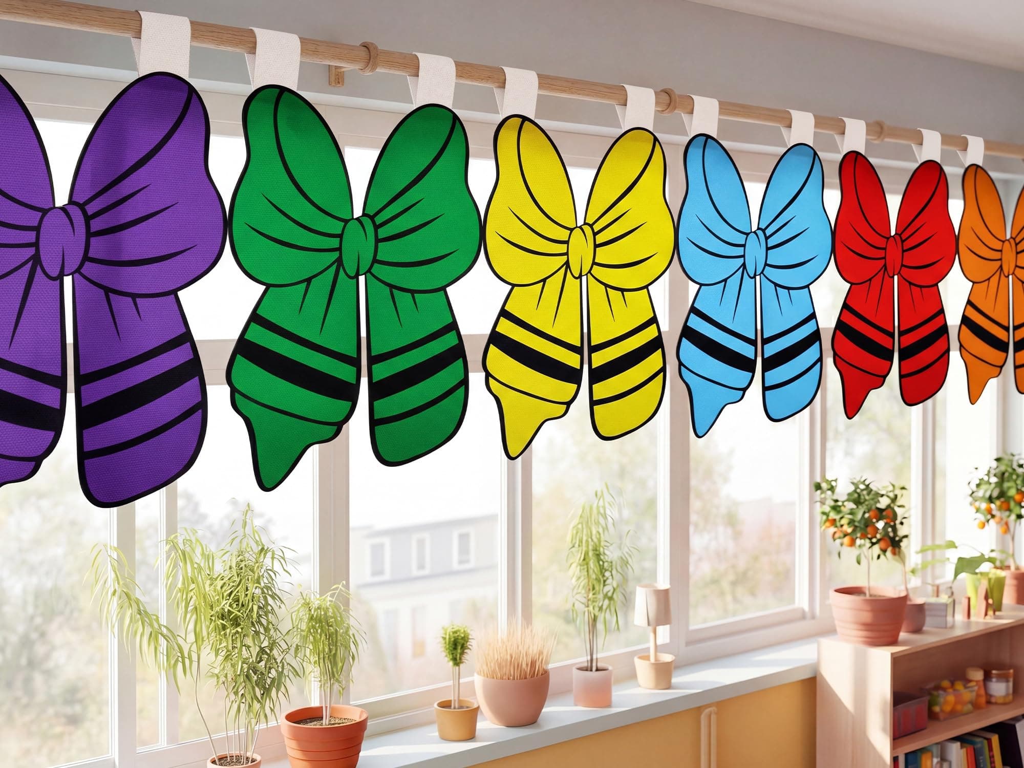 Gilprop 6 Pcs Crayon Bow Classroom Curtains Bow Back to School Colorful Curtains for Kindergarten Daycare Primary School Bedroom Playroom Room Decor