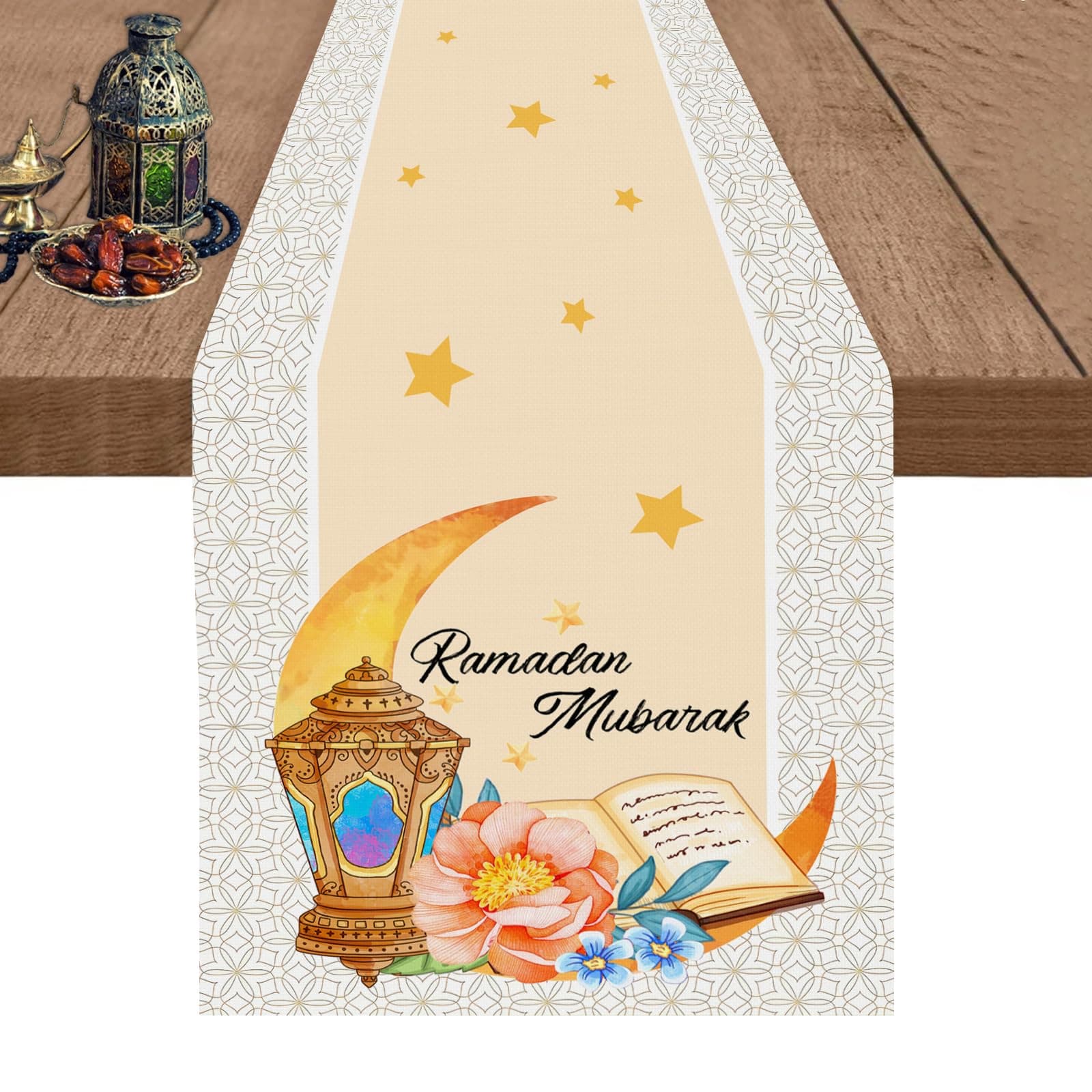 Eid Mubarak Ramadan Table Runner 13x72 Inch, Moon and Stars Flower and Gold Linen Table Runner, Ramadan Mubarak Table Runner for Dining Table, Dresser & Home Decorations