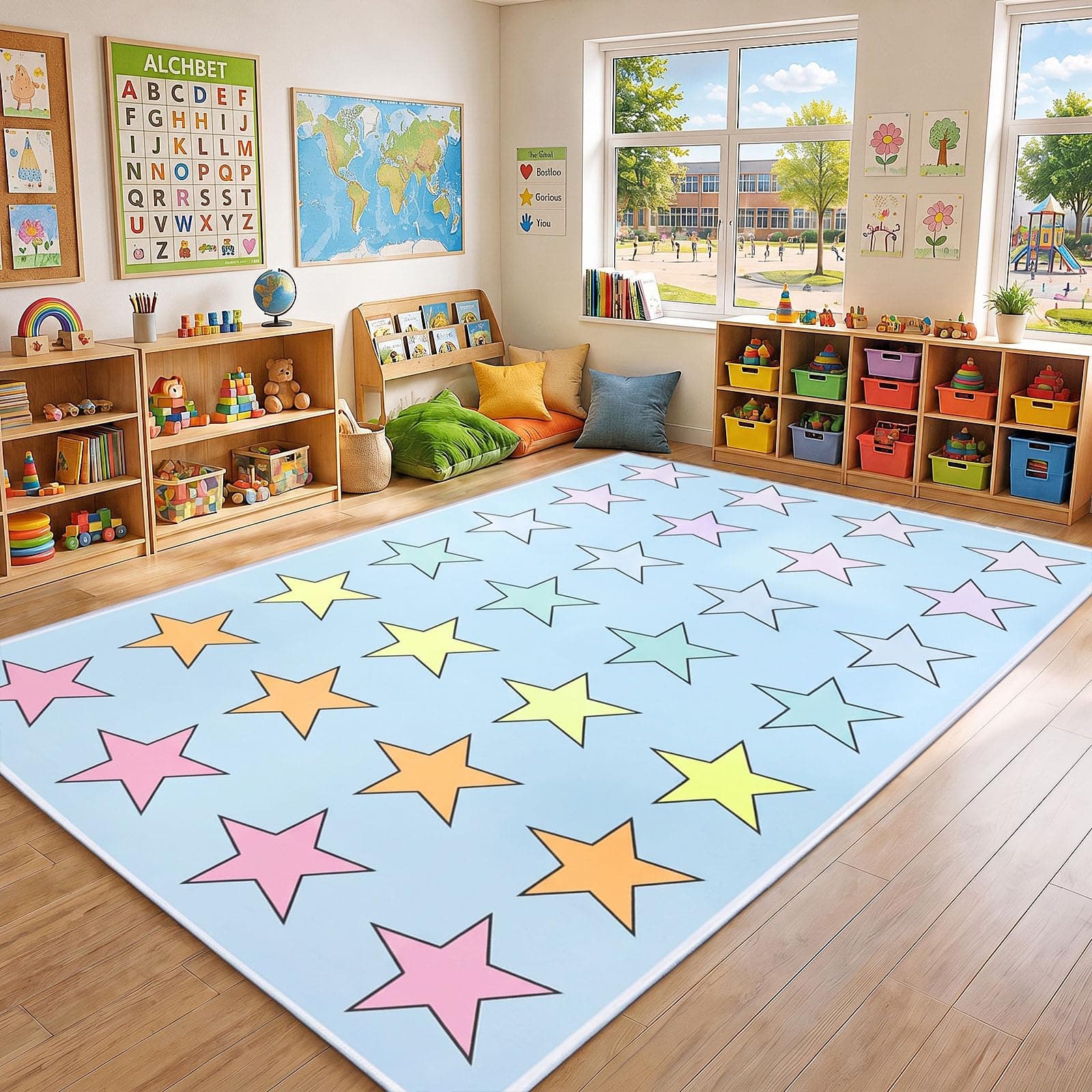 Moucuny Large Kids Rug 6.5 x 11.5 ft Classroom Carpet Colorful Star Rug with Non-Slip Backing Classroom Seating Rug Elementary Classroom Floor Play Mat for Teaching Playroom Children's Room, Seats 28
