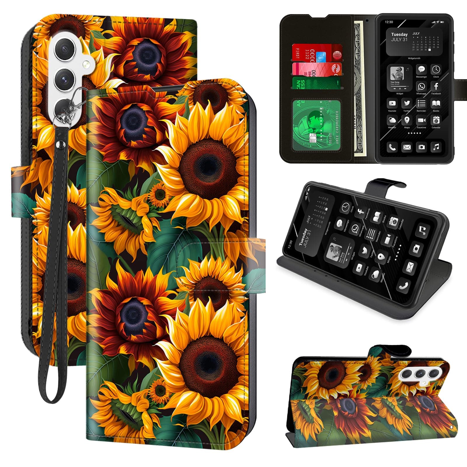 Decahouy for Samsung Galaxy S24 Wallet Case with RFID Blocking, 4 Card Holders, Kickstand, Wrist Strap – Magnetic PU Leather Flip Phone Case Protective Cover for Women & Men，Beautiful Sunflower