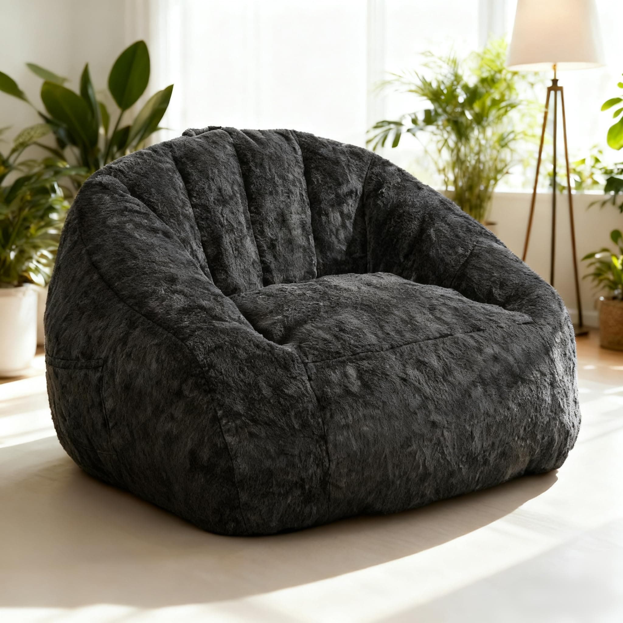 GOHOROS Bean Bag Chairs for Adults and Kids, Giant Bean Bag Chair with Memory Foam | Storage | Non-Slip, Faux Fur Shell-Shaped Bean Bag Couch Comfy Chair for Living Room, Bedroom (Black)