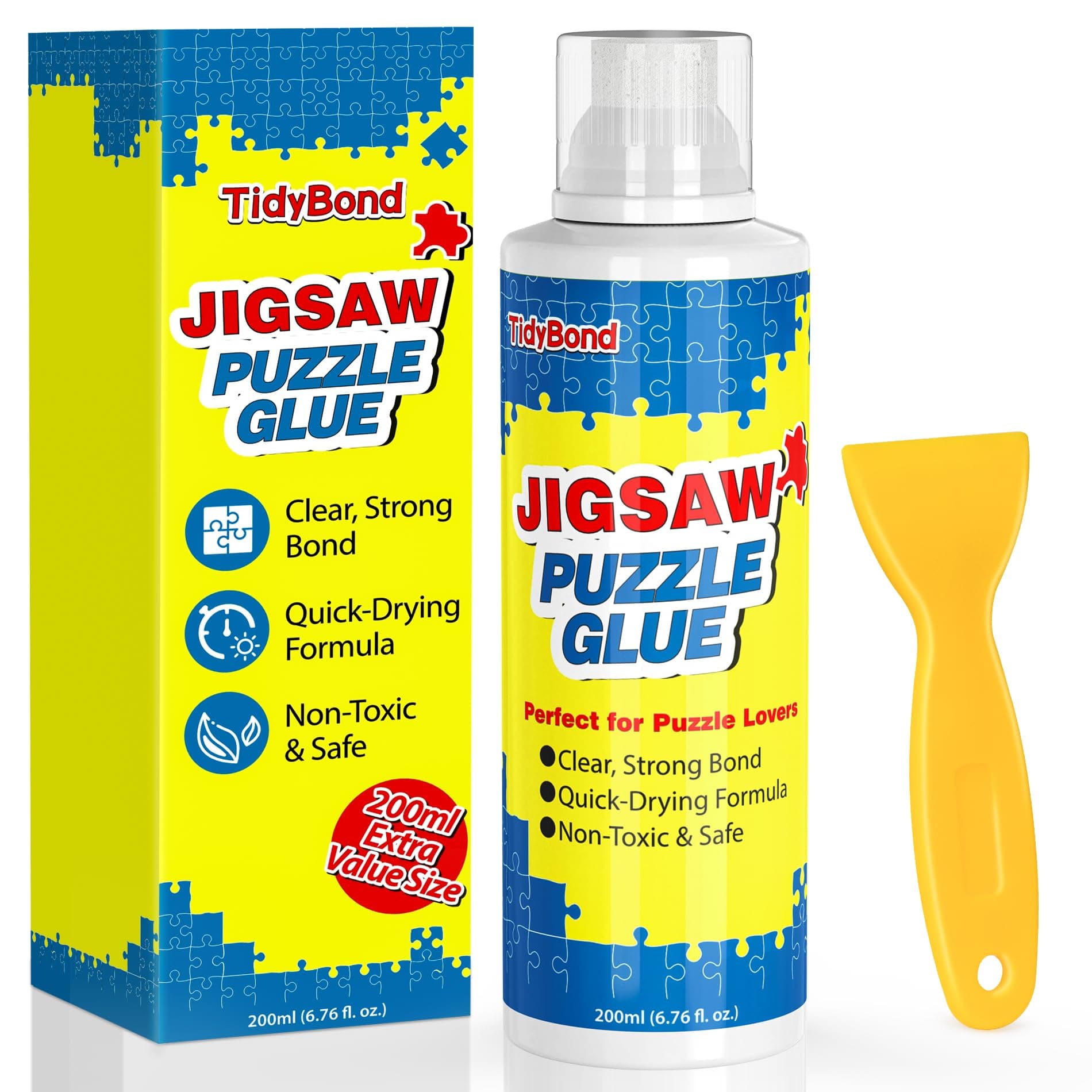 Jigsaw Puzzle Glue, Clear Quick-Dry Sealer, Sponge Tip and Squeegee, 200 ML