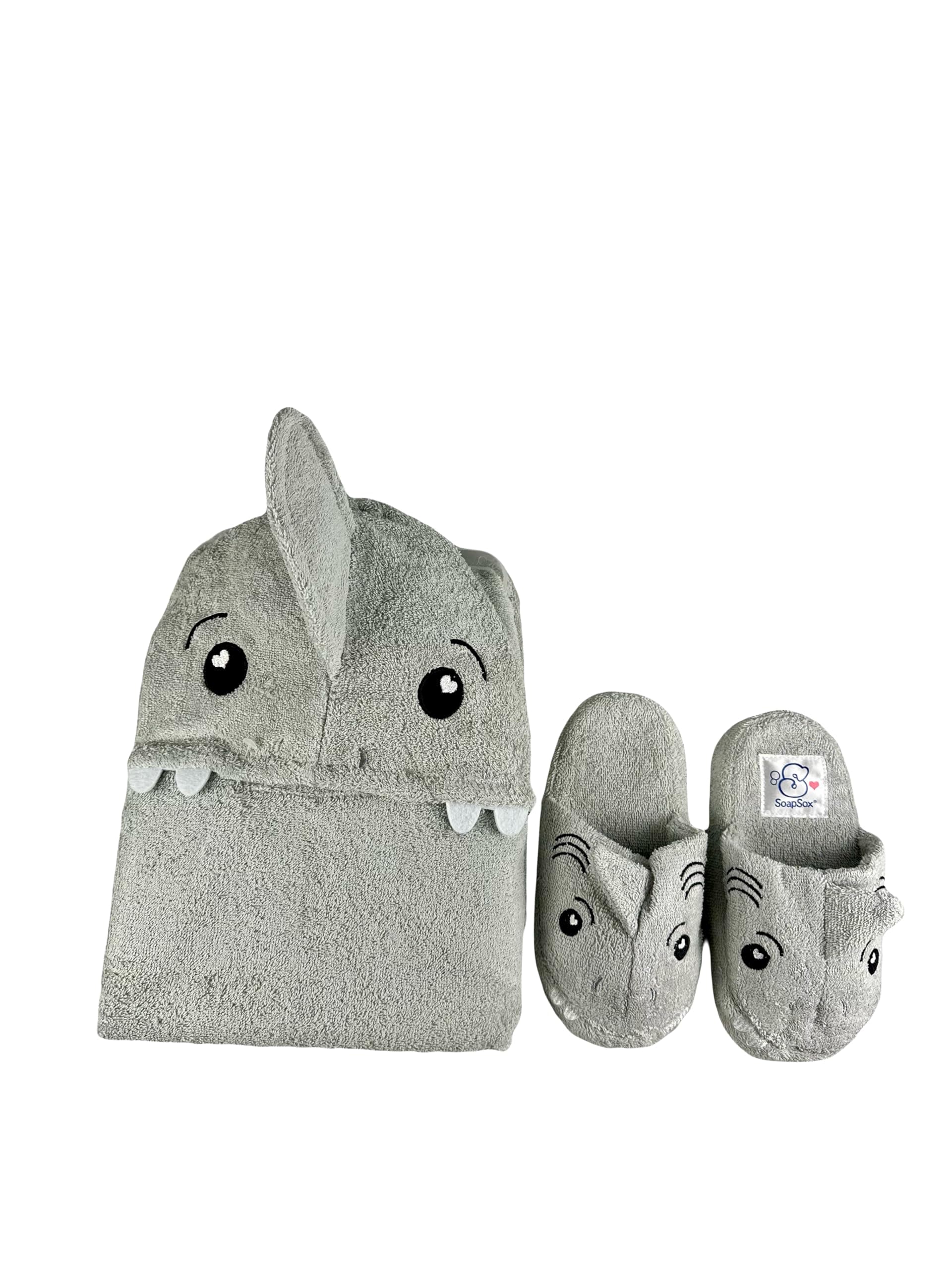 SoapSox- Tank The Shark Hooded Bath Towel & Slipper Set for Kids- Soft 100% Cotton Towel with Hand Pockets and Matching Shark Bath Slippers- 27 x 45”- Adorable Gift Set for Bath, Pool and Beach