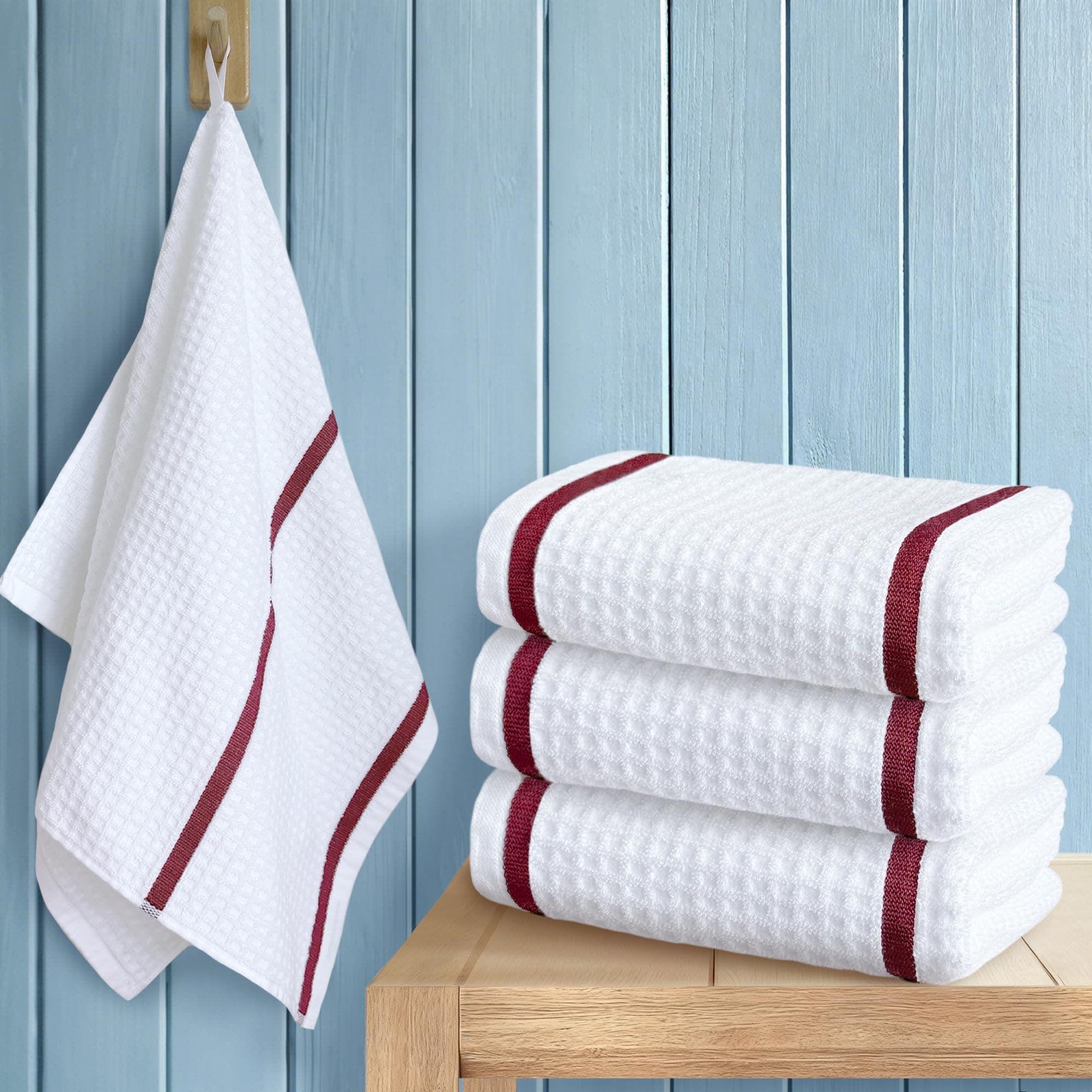 VOOVA & MOVAS White Dish Towels for Kitchen Set of 4, 16"x26" - 100% Cotton | Soft | Absorb | Daily Use, Waffle Weave Kitchen Hand Towels, White Check with Red Stripe
