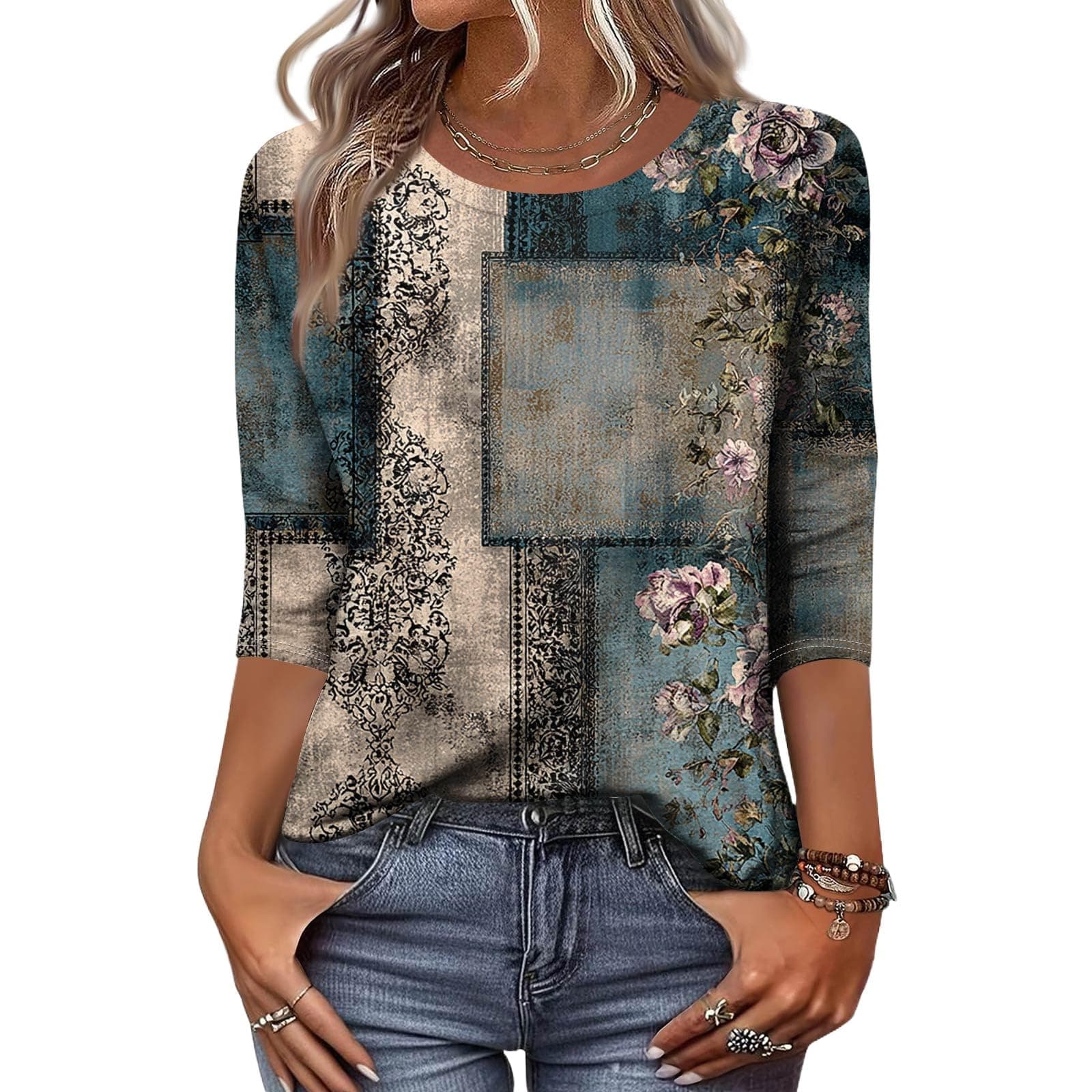 3/4 Length Sleeve Womens Tops 2026 Spring Fashion Round Neck Dressy Casual Blouses Western Vintage Graphic Tees Trendy Summer Boho Chic Clothing Business Outfits(C Gray,Large)